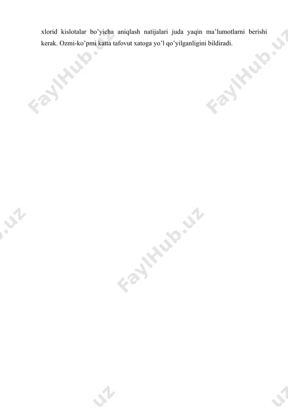 rishi kerak. ozmi-ko’pmi katta tafovut xatoga yo’l qo’yilganligini bildiradi. eritmadagi ishqor miqdorini aniqlash neytrallash metodida ishqorlarning, shuningdek, gidrolizlanganda,ishqoriy muhit hosil qiladigan tuzlarning konsentratsiyasini aniqlash uchun, bura na2b4o7•10 h2o yoki soda na2co3 bo`yicha aniqlanadigan hci ishchi eritmasi sifatida ishlatiladi. hci ishchi eritmasini tayyorlash uchun avval konsentratsiyasi yuqori bo`lgan eritmalardan foydalanib, taxminan 0,1 n konsentratsiyali hci eritmasi tayyorlanadi. so`ngra analitik tarozida o`lchab olingan tortim bo`yicha dastlabki modda - na2b4o7 •10 h2o ning titri aniq eritmasi tayyorlanadi. shundan so`ng titrlash yo`li bilan hci kislotaning tayyorlangan 0,1 n. eritmasining konsentratsiyasiga aniqlik kiritiladi. hci kislotaning taxminan 0,1 n. eritmasini tayyorlash uchun laboratoriyadan konsentrlangan kislotadan olib, masalan, 200 ml 0,1 n hci kislota eritmasini tayyorlash kerak bo`lsin. ehci = 36,46 g, demak, 1 ekv.=36,46 g 1000 ml 0,1 n. eritma tayyorlash uchun 36,46 g hci kerak 200 ml 0,1 n. eritma tayyorlash uchun x. g hci kerak,demak, x=0,7291 g. bo`ladi hci ning zichligi d= 1,179 g/ml …