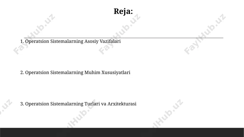 bdorlik hisobdorlik operatsion tizim resurslaridan foydalanishni kuzatishni o'z ichiga oladi. bu jarayonlar tomonidan ishlatilgan cpu va xotira kabi resurslar hajmini aniqlashga yordam beradi, ularni 100 foiz aniqlikda baholash imkonini beradi. hisobdorlik xavfsizlik nuqtai nazaridan muhimdir. har bir foydalanuvchi tomonidan amalga oshirilgan 1000 dan ortiq kirish urinishlarini qayd etish va ularning resurslardan foydalanishini kuzatish orqali, kiber xavfsizlik holatni yaxshilashga xizmat qiladi. interfeys interfeys bo'yicha ma'lumot interfeys 3 ta asosiy vazifani bajaradi: kiritish, qayta ishlash va chiqarish. misol uchun, sichqoncha (kiritish), cpu (qayta ishlash) va monitor (chiqarish) kabi qurilmalar orqali foydalanuvchi bilan tizim o'rtasida 1-darajali aloqa o'rnatiladi. fayl tizimi fayl tizimi ma'lumotlarni ierarxik tartibda, odatda daraxtsimon tuzilishda saqlash uchun ishlatiladi. bu fayllarni kataloglar (papka) ichida joylashtirish va boshqarish imkonini beradi, masalan, "root" katalogi (/). fayl tizimi metadata, masalan, fayl nomi, hajmi, yaratilgan vaqti, oxirgi o'zgartirish vaqti va ruxsatlar kabi ma'lumotlarni o'z ichiga oladi. bu attributlar faylga tez kirish va boshqarish uchun kerak. …