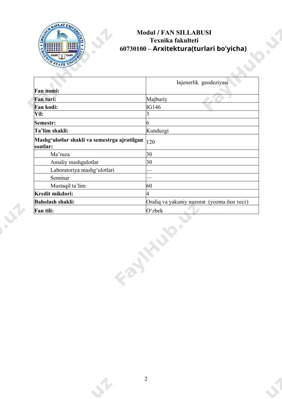oydalanishda zarur bulgan texnik aniklikdagi geodezik o‘lchash ishlar xakida bilim, kunikma va malakani shakllantirish kerak. tn2 -yerning shakli, o‘lchamlarini va geodeziyada qo‘llaniladigan koordinata sistemalarini, topografik karta va planlarning tuzish usullarini va ularni to‘g‘ri o‘qishni bilishi kerak; tn3 -geodeziyada qo‘llanalidigan zamonaviy asboblarning turlarini, tuzilishini, ularni tekshirish va sozlashni va ulardan foydalanish ko‘nikmalariga ega bo‘lishi kerak; tn4 -geodezik o‘lchash ishlarini, hamda ular natijalarini hisoblash va baholashni, geodezik o‘lchashlarda yo‘l qo‘yilgan xatolarni aniqlash va tuzatishni; bino va inshootlar loyihasini geodezik usulda joyga ko‘chirish bo‘yicha malakalarga ega bo‘lishi kerak ; ko‘nikmalar jihatidan: tn5 -geodeziyada qo‘llanalidigan zamonaviy asboblarning turlarini, tuzilishini va ulardan foydalanish ko‘nikmalariga ega bo‘ladi. tn6 -geodeziyada qo‘llanalidigan zamonaviy asboblarning tekshirish va sozlashni biladi tn7 -geodezik asboblardan foydalanish ko‘nikmalariga ega bo‘ladi. fanni o‘zlashtirish uchun zarur boshlang‘ich bilimlar 1. 1. fizika (fizb1092) 2. 2. chizma geometriya va muhandislik grafikasi (chgmgb1102) 3. 3 oliy matematika (omab1092) fan mazmuni mashg‘ulotlar shakli: ma’ruza (m) 6-semestr m1 1-mavzu. geodeziya …