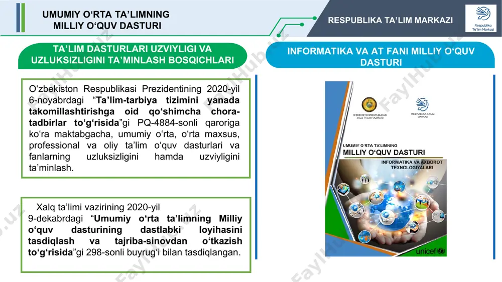 ‘ulotlar va loyiha ishlariga alohida soatlar ajratildi mo‘dning afzalliklari sтeам -fanlararo integratsiya ta’minlanganligi milliy baholash tizimi yaratiladi o‘qituvchi kitobida har bir mavzuni o‘qitishda amaliy ko‘nikmalarni rivojlantirish imkonini beruvchi ilg‘or metodlar beriladi 1 2 4 5 3 6 o‘qituvchi kitobida har bir mavzuni o‘qitish va o‘quvchilarda amaliy ko‘nikmalarni rivojlantirish imkonini beruvchi ilg‘or metodlar beriladi. * umumiy o‘rta ta’limning milliy o‘quv dasturi respublika ta’lim markazi yunisef tashkiloti va rtm hamkorligida xalqaro ekspert metyu goldi-skott bilan o’tkazilgan seminardan lavhalar umumiy o‘rta ta’limning milliy o‘quv dasturi respublika ta’lim markazi xalqaro tajribalar o‘rganildi 2021-2022-oʻquv yili uchun tayanch oʻquv rejaga asosan xtv ning 2020 yil 9-dekabrdagi 297-son buyrugʻi 5-8-sinf 9-11-sinf * metodik ta’minot grafika; animatsiya; web (html) 7 6 5 8 9 10 11 dasturlash texnologiyalari, obyektlarni boshqarish matn, taqdimot, audio, video tez terish; matn muharriri; scratch. lms; cms; mooc; rp-rapid prototyping. freelance mantiq; algoritm; modellashtirish; dasturlash tili (phyton). phyton; 3 d; web дизайн. css; pc …