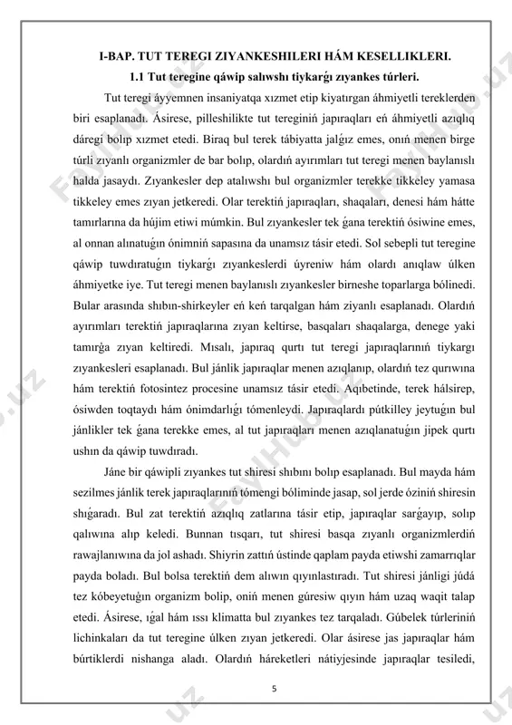ga, denege yaki tamırģa zıyan keltiredi. mısalı, japıraq qurtı tut teregi japıraqlarınıń tiykargı zıyankesleri esaplanadı. bul jánlik japıraqlar menen azıqlanıp, olardıń tez qurıwına hám terektiń fotosintez procesine unamsız tásir etedi. aqıbetinde, terek hálsirep, ósiwden toqtaydı hám ónimdarlıǵı tómenleydi. japıraqlardı pútkilley jeytuǵın bul jánlikler tek ǵana terekke emes, al tut japıraqları menen azıqlanatuǵın jipek qurtı ushın da qáwip tuwdıradı. jáne bir qáwipli zıyankes tut shiresi shıbını bolıp esaplanadı. bul mayda hám sezilmes jánlik terek japıraqlarınıń tómengi bóliminde jasap, sol jerde óziniń shiresin shıǵaradı. bul zat terektiń azıqlıq zatlarına tásir etip, japıraqlar sarǵayıp, solıp qalıwına alıp keledi. bunnan tısqarı, tut shiresi basqa zıyanlı organizmlerdiń rawajlanıwına da jol ashadı. shiyrin zattıń ústinde qaplam payda etiwshi zamarrıqlar payda boladı. bul bolsa terektiń dem alıwın qıyınlastıradı. tut shiresi jánligi júdá tez kóbeyetuģın organizm bolip, oniń menen gúresiw qıyın hám uzaq waqit talap etedi. ásirese, ıǵal hám ıssı klimatta bul zıyankes tez tarqaladı. gúbelek túrleriniń lichinkaları …