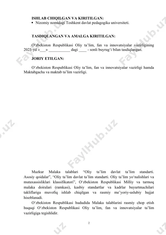 ga qo‘yiladigan talablar 72.1. umumiy kompetensiyalar 82.2. kasbiy kompetensiyalar 82.3. umumiy va kasbiy kompetensiyalarni egallashni ta’minlaydigan fanlar va amaliyotlarga qo‘yiladigan talablar. 102.4. kvalifikatsiya 11bibliografik ma’lumotlar 12kelishuv varag‘i 1. 60110100 – pedagogika bakalavriat ta’lim yo‘nalishining umumiy tavsifi 60110100-pedagogika ta’lim yo‘nalishi bo‘yicha bakalavrlar tayyorlash milliy malaka ramkasi, kasb standartlari, kadrlar buyurtmachilari talab va ehtiyojlaridan kelib chiqib amalga oshiriladi. barcha ta’lim shakllari bo‘yicha o‘qitish kredit-modul tizimi asosida tashkil qilinadi. kunduzgi ta’limda bakalavriat dasturining me’yoriy muddati 4 yil. 1.1. qo‘llanish sohasi. 1.1.1. 60110100 – pedagogika ta’lim yo‘nalishi bo‘yicha malaka talabining qo‘llanilishi. malaka talabi 60110100-pedagogika ta’lim yo‘nalishi bo‘yicha oliy ma’lumotli bakalavrlar tayyorlash o‘quv reja va fan dasturlarining o‘zlashtirilishini amalga oshirishda o‘zbekiston respublikasi hududidagi barcha pedagogika sohasida kadr tayyorlaydigan oliy ta’lim muassasalari uchun talablar majmuini ifodalaydi. 1.1.2. malaka talablarining asosiy foydalanuvchilari: ( 60110100-pedagogika ta’lim yo‘nalish bo‘yicha fan, texnika va ijtimoiy soha yutuqlarini hisobga olgan holda o‘quv reja va fan dasturlarini sifatli ishlab chiqish, samarali amalga oshirish …