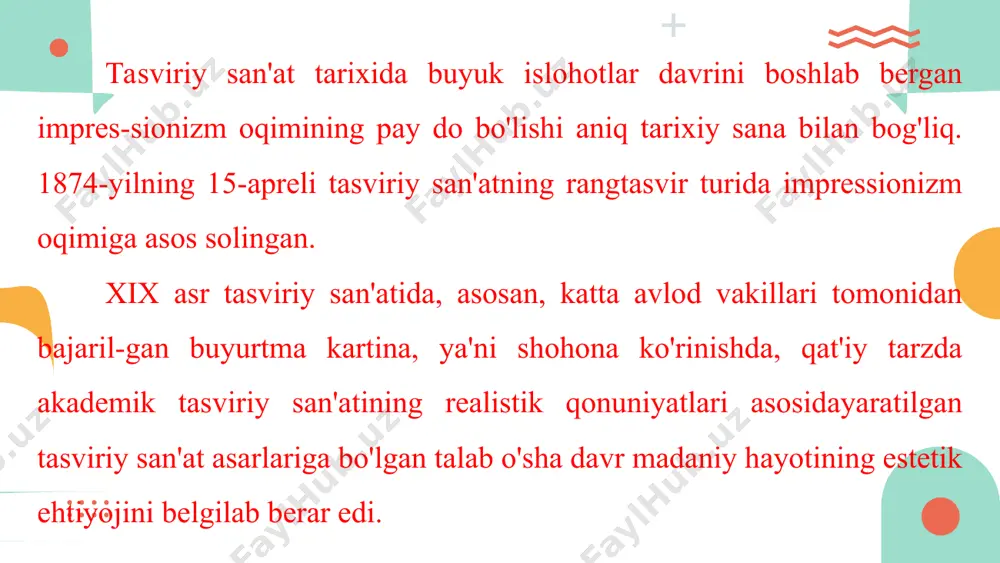 keltirib chiqargan bo'lsa-da, ular o'z qarashlari, ilgari surayotgan tendensiyalariga. sodiqlik bilan ijod qilishda davom etdilar. keyin o'z ittifoqlarini tuzib, 1874-yil 15-aprelda parijning kaputsinlar bulvaridagi 35-uyda joylashgan "gerbua" kafesida o'zlarining dastlabki ko'rgazmalarini tashkil etdilar. unda klod mone, ogyust renuar, edgar dega, pol sezann, alfred sisley kabi rassomlar o'z asarlari bi­lan ishtirok etganlar. namoyish etilgan ishlar orasida klod monening aslida nomsiz bo'lgan, biroq ko'rgazmaga osilayotganda renuarning ukasining taklifl bilan "quyosh chiqayotganidagi taassurot" deb nomlangan asari (3-rasm) ularni “taassurotchilar" (taassurot fransuzcha "impression") sifatida e'tirof etilishlariga sabab bo'lgan, 3-rasm. klod mone. quyosh chiqayotganidagi taassurot. aslida "figaro" gazetasining jurnalistlari ko'rgazma haqidagi hisobotlarida bu so'zni kinoya bilan ularga qo'yilgan laqab sifatida qo'llaganlar. omma esa ularni impressionistlar deb atay boshlaganlar. shu tariqa 1874-yilning 15-aprelidan e'tiboran tasviriy san'at tarixida impressionizm oqimiga asos solingan. bu oqim tez orada yevropa, amerika, osiyo mamlakatlariga sezilarli ta'sir o'tkazdi hamda san'atda yangi oqim va yo'nalishlarni yuzaga kelishiga zamin yaratdi. klod oskar mone (1840 …