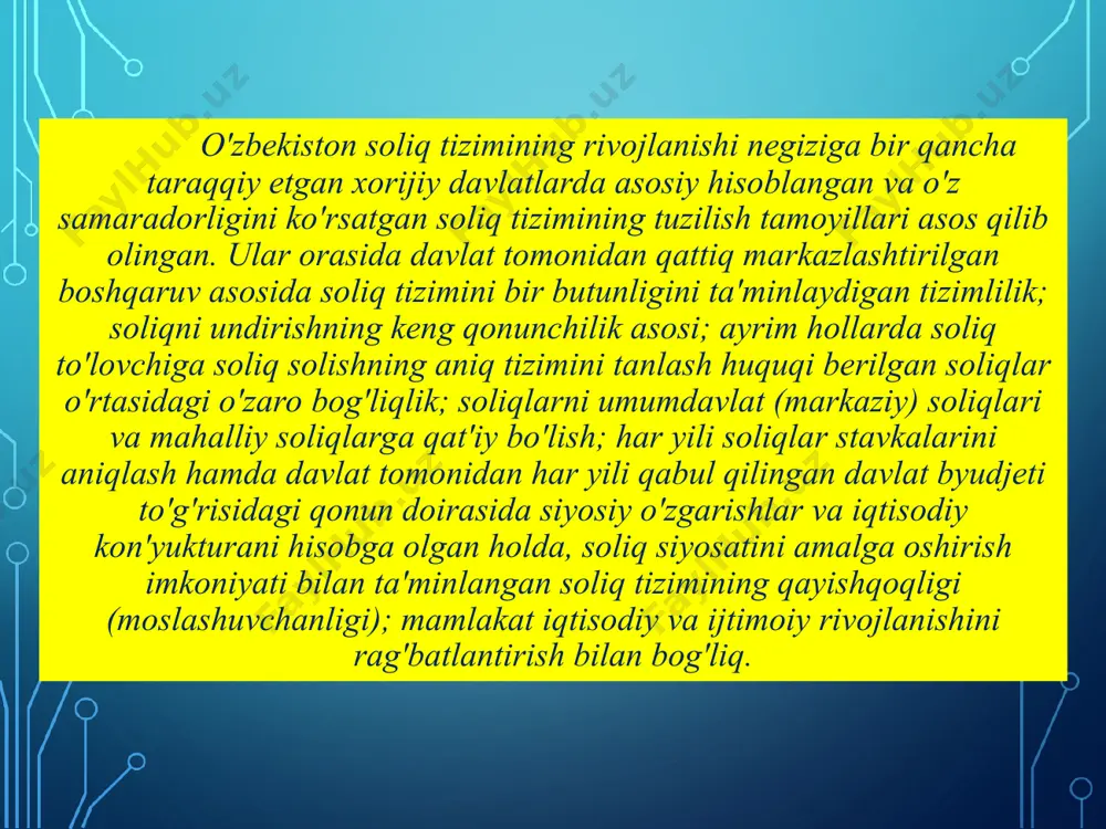 al davlatlarda bu huquq markaziy federal davlat bilan federal hokimiyatlarga oid ekanligi davlatlar konstitutsiyalarida ko'rsatib o'tilgan. bu tur davlatlarda federal davlat bilan federatsiya a'zolari o'rtasida alohida soliqlarni o'z ichiga oluvchi soliq sohalari belgilangan. markaziy davlatlarda davlat o'zining soliqqa tortish huquqini ba'zi hollarda mahalliy idoralarga berishi murnkin. masalan, konstituttsiyamizning 100-moddasida shunday deyiladi: -«mahalliy hokimiyat organlari ixtiyoriga quyidagilar kiradi: .. .mahalliy byudjetni shakllantirish va uni ijro etish, mahalliy soliqlar, yig'imlarni belgilash, byudjetdan tashqari jamg'armalarni hosil qilish; soliq undirishning asosi davlatning qonun yordamida fuqarolarning soliqqa tortish huquqiga asoslanganidan soliq undiruvchi davlat yoki uning tomonidan vakolat berilgan ijtimoiy tashkilotlardir. so'ngi yuz yillikda xalqaro munosabatlarning avj olishi va rivojlanishi natijasida ikki tomonlama soliqqa tortish muammosini yuzaga keltirdi. bir soliq to'lovchining bitta iqtisodiy faoliyat yoki daromad yuzasidan, birdan ortiq davlatga soliqlar bo'yicha qarzdor bo'lishi, soliqqa tortishning adolat printsipiga ziddir. bu masalada, awallari bir qancha davlatlar o'zlarining soliqqa tortish vakolatlari doirasini toraytirish yo'li bilan ikki tomonlama soliqqa …