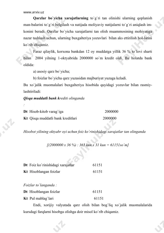 `rib chiqish orqaligina javob topish mumkin. 2. qarzlar bo`yicha xarajatlarni tan olish tartibi qarzlar bo`yicha xarajatlarni tan olishning amalda 2 xil usuli mavjud: 1. nisbatan maqbulroq usul - qarzlar bo`yicha xarajatlar qarzlardan nima maqsadda foydalanilganidan qat`iy nazar ular amalga oshirilgan davr xarajati deb tan olinadi; 2. qo`llanilishi mumkin bo`lgan usul - aktivlarni xarid qilish, qurish va ishlab chiqarish bilan bog`liq qarzlar bo`yicha xarajatlar ana shu aktivlar tan-narxining bir qismi sifatida tan olinadi. lekin bu usulda quyidagi shartlar mavjud: agar iqtisodiy manfaatlarni kelgusida olish ehtimoli mavjud bo`lsa; xarajatlarni ishonchli ravishda o`lchash imkoniyati bo`lsa. qarzlar va kreditlar bo`yicha xarajatlar to`lanishi kerak bo`lgan summalarda, ularning qachon va qanday shaklda amalga oshirilishidan qatьiy nazar, joriy xarajatlar tarkibiga kiritiladi. хulosa shuki, agar qarzlar operatsion faoliyatni amalga oshirish maqsadida olingan va shu maqsadda ishlatilgan bo`lsa, ular ana shu davr foiz ko`rinishidagi xarajatlari deb tan olinadi va yillik hisobotning 2-shakli “moliyaviy nati-jalar to`g`risidagi” hisobotda alohida modda sifatida …