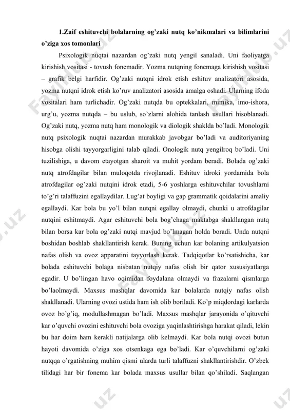 da ham ish olib boriladi. ko’p miqdordagi karlarda ovoz bo’g’iq, modullashmagan bo’ladi. maxsus mashqlar jarayonida o’qituvchi kar o’quvchi ovozini eshituvchi bola ovoziga yaqinlashtirishga harakat qiladi, lekin bu har doim ham kerakli natijalarga olib kelmaydi. kar bola nutqi ovozi butun hayoti davomida o’ziga xos otsenkaga ega bo’ladi. kar o’quvchilarni og’zaki nutqqa o’rgatishning muhim qismi ularda turli talaffuzni shakllantirishdir. o’zbek tilidagi har bir fonema kar bolada maxsus usullar bilan qo’shiladi. saqlangan analizatorlar ko’ruv, sezgi, harakat analizator faoliyatini qo’llab, o’qituvchi osenka oldi tovush talaffuzini ko’rsatadi va taqlid asosida talaffuz qilishni boladan so’raydi. avvalom bor yengil talaffuz etiluvchi tovushlar “p”, “b”, “m” qo’shiladi, so’ng bug’in, so’z birikmalariga o’tiladi. shu tartibda boshqa nutqiy tovushlar talaffuziga o’tiladi. bu jarayonni amalga oshirishda eshituv qoldig’iga tayaniladi. kar bolada og’zaki nutqni shakllantirishda ko’ruv, harakat va sezgi analizatorlari yordamida bilan maydonga chiqadi. eshituvchi bola o’z talaffuzini eshitish orqali nazorat qiladi, xato qilsa bu xatoni eshitib so’ng to’g’rilaydi. kar bola talaffuzini …