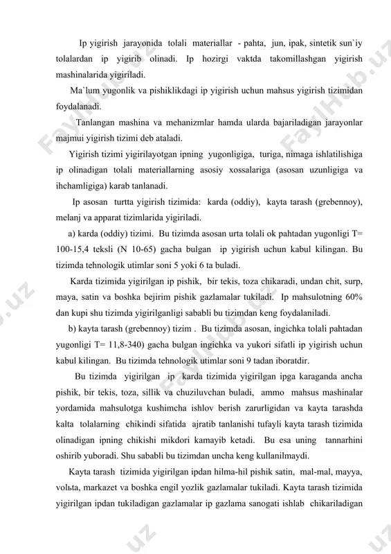 shu sababli bu tizimdan uncha keng kullanilmaydi. kayta tarash tizimida yigirilgan ipdan hilma-hil pishik satin, mal-mal, mayya, volьta, markazet va boshka engil yozlik gazlamalar tukiladi. kayta tarash tizimida yigirilgan ipdan tukiladigan gazlamalar ip gazlama sanogati ishlab chikariladigan yalpi mahsulotning 20-25% ini tashkil etadi. bundan tashkari tikuvchilik poyafzal sanoati uchun ingichka pishik, chuziluvchan iplar galtak iplari, muline va kashtachilik hamda poponchilik iplari ham shu tizimda yigiriladi. v) melanj tizimi - melanj francuzcha suz bulib, aralashma ma`noni bildiradi. bu tizimda asosan, urta tolali pahtadan, yigiruv fabrikasi chikindilaridan shuningdek, pahtaning kimyoviy tolalari bilan kushib olingan aralashmasidan yugonligi t= 100 -18,5 teks (n 10-54) gacha bulgan sifatli ip yigirilishi uchun kabul kilingan. bu tizimda tehnologik zanjirdagi utimlar soni 9 tani tashkil etadi. melanj tizimida ip buyalgan va buyalmagan aralashma pahtadan yigiriladi. bu tizimda yigirilgan ip pishik, bir tekis, tukli va toza buladi; undan har-hil, rang-barang kimmatbaho kostyumlik, palьtolik gazlamalar, ip jun, ip duhoba gazlamalar …