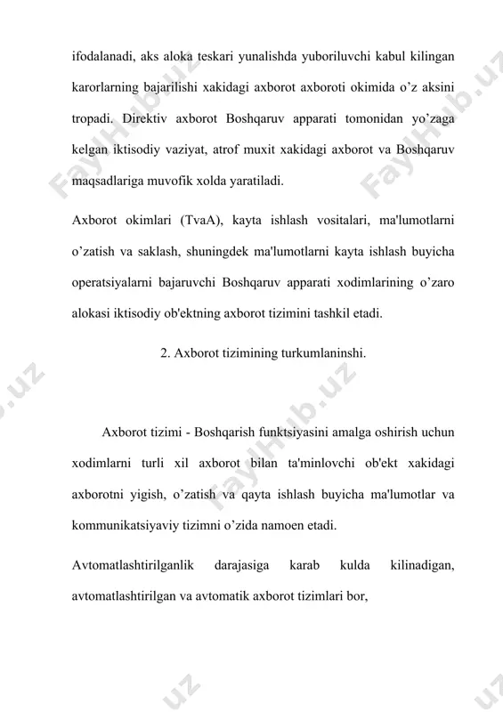 irish vositasidir. intеgratsiyalashgan bat bank vazifalarining yigindisini yaxlit xolda kamrab oladi. u aloxida xoldagi avtomatlashtirilgan vazifalar yigindisi emas, balki murrakkab tizimga xos bulgan komplеks dasturlardir. qo’llash soxasidan qat'iy nazar, axborot tizimlari ma'lumotlarini kayta ishlashning dеyarli barcha tizimlari taminlash turlari dеb ataladigan tarkibiy kismlar tuplamini o’z ichiga oladi. ularni dasturiy tеxnik, xukukiy, axborot tashkiliy matеmatik va lingvistik ta'minotlarga ajralishi kabul kilingan. axborot taminoti - axborot tizimlari ichki mashina axborot bazasini yaratishni tasniflash va kodlashtirish tizimlari xujjatlashtirishning unifikatsiyalashgan tizimlari, xujjat aylanmasi va xujjatlar shakli uslublarini ratsional xolga kеltirishni o’z ichiga olgan axborotni joylashtirish va tashkil kilish buyicha uslublar va vositalar yigindisidir. dasturiy ta'minot - xisoblash tеxnikasi vositasida ma'lumotlarni qayta ishlash tizimini yaratish va foydalanish dasturiy vositalari yigindisidir. tеxnik ta'minot ma'lumotlarini kayta ishlash tizimini funktsiyalashtirish uchun kullanuvchi tеxnik vositalar komplеksidir, u ma'lumotlarni kayta ishlovchi namunaviy opеratsiyalarni amalga oshiruvchi kurilmalarni o’z ichiga oladi. xuquqiy ta'minot axborot tizimini yaratish va funktsiyalashtirishni tartibga soluvchi xukukiy mеyorlar …
