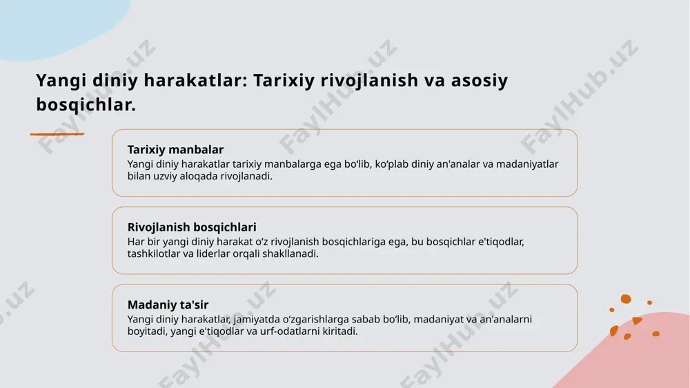 istondagi ahvoli o'zbekistonda yangi sektalar o'ziga xos diniy va madaniy qadriyatlarni shakllantirib, an'anaviy dinlar bilan murakkab munosabatlarni keltirib chiqaradi. yangi diniy harakatlarning o'zbekistondagi tarixi va madaniy o'zgarishlarga ta'siri. yangi diniy harakatlar tarixi madaniy o'zgarishlar ijtimoiy ta'sir o'zbekistonda yangi diniy harakatlar 20-asrning oxirlarida paydo bo'ldi. ular asosan diniy erkinlik va ma'rifat izlab kelayotgan insonlar tomonidan rivojlandi. yangi diniy harakatlar o'zbekistonda madaniy o'zgarishlarga olib keldi, an'anaviy qadriyatlar bilan birga, yangi qarashlar va urf-odatlar paydo bo'lishiga sabab bo'ldi. ushbu harakatlar ijtimoiy tuzilishga ta'sir ko'rsatdi, yangi guruhlar va jamiyatda ko'proq diniy xilma-xillikni keltirib chiqardi, bu esa ijtimoiy birlashuvni kuchaytirdi. o'zbekistondagi yangi diniy ta'limotlar va ularning jamiyatdagi roli. o'zbekistondagi yangi ta'limotlar o'zbekistonda yangi diniy ta'limotlar asosan 1990-yillardan keyin paydo bo'ldi, bu davrda diniy erkinliklar kengayib, turli oqimlar faoliyat boshladi. ta'limotlarning tarixi yangi diniy ta'limotlar o'zbekistonda tarixiy jarayonlar, jumladan, sovet davrining tugashi va mustaqillik bilan bog'liq. har bir oqim o'ziga xos tarixiy yo'nalishga ega. jamiyatdagi roli …