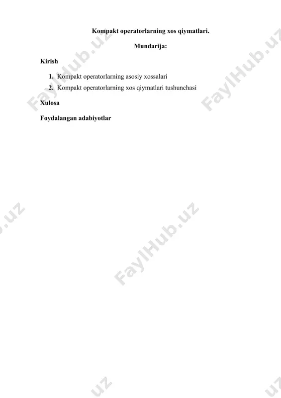 pektral teoremalarning qo‘llanishini ta'minlaydi. bu esa ko‘plab matematik va amaliy modellarni soddalashtirish imkonini beradi. ushbu ishda kompakt operatorlarning xos qiymatlari, ularning xossalari, spektral tuzilishi hamda amaliy misollari keltirilib, muhim natijalar tahlil qilinadi. dolzarbligi. zamonaviy matematik tahlilda kompakt operatorlar nazariyasi, ayniqsa, ularning xos qiymatlari va spektral xossalari juda muhim o‘rin tutadi. ular integral tenglamalar nazariyasida, kvant fizikasida, matematik modellashtirishda keng qo‘llaniladi. bu xossalarni chuqur o‘rganish operatorlarning tuzilishini aniqlash, ularni tahlil qilish va amaliy masalalarni yechish uchun asosiy vosita hisoblanadi. ayniqsa, kompakt operatorlarning spektri nihoyatda qulay xossalarga ega bo‘lib, matematik jihatdan tahlil qilishni soddalashtiradi. ushbu kurs ishining asosiy maqsadi – kompakt operatorlarning xos qiymatlari, ularning mavjudligi, soni, taqsimoti va asosiy spektral xossalarini o‘rganishdir. bu orqali kompakt operatorlarning strukturaviy xususiyatlari va amaliy qo‘llanilish doiralari aniqlashtiriladi. vazifalari 1. kompakt operatorlar tushunchasi va ularning asosiy xossalarini o‘rganish; 2. xos qiymat va xos vektor tushunchalarini aniqlashtirish; 3. kompakt operatorlarning xos qiymatlari haqida asosiy teoremalarni tahlil qilish; …
