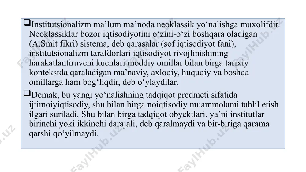nz o‘zining maqolalarida aksionerlar soni ortishi, kapital mulkning kapital funksiyadan ajralish jarayonini qayd etdi. john maurice clark 3. xx asrning 60-70 yillarda ijtimoiy-institutsional yo‘nalish, ya’ni neoinstitutsionalizm paydo bo‘ldi. 60-yillardagi institutsionalizm asoslari amerikalik nazariyotchi a.lou va shvetsiyalik iqtisodchi gunnar myurdal tomonidan ishlab chiqildi. hozirgi davrdagi ijtimoiy-institutsional yo‘nalish ta’limoti j.k.gelbreyt va r.xeylbronerlar tomonidan davom ettirilgan. gunnar myurdal institutsionalizmdagi uchta asosiy oqimlar: 1. ijtimoiy-psixologik. 2. ijtimoiy-huquqiy. 3. empirik yoki konyunktur-statistik oqimni ajratish mumkin. lekin shu bilan birga barcha yo‘nalishlar uchun xos bo‘lgan umumiylik ham mavjud. ularning barchasi ozmi-ko‘pmi burjua jamiyatini axloqiy-psixologik jihatdan tanqid ostiga oladilar, iqtisodiyot fanida reformistic yo‘lni oqlaydilar va bu oqim olimlari burjua jamiyatini mutlaq maqtashdan chetlandilar. boshqa maktablardan farqli ravishda, institutsionalizm iqtisodiy hayotning ba’zi ijtimoiy tomonlarini tanqidiy o‘rganishni asos qilib oldi, ammo davlat monopolistik kapitalizm tizimini qo’llab-quvvatladi. ularning g‘oyalarida ≪ijtimoiy nazorat≫ni himoya qilish orqali yangi sharoitda iqtisodiyotni tartiblashni tashkil etishni lozim, deb ko‘rsatiladi. ayniqsa, bu sharoitda huquqiy masalalarini rivojlantirish muammosi …
