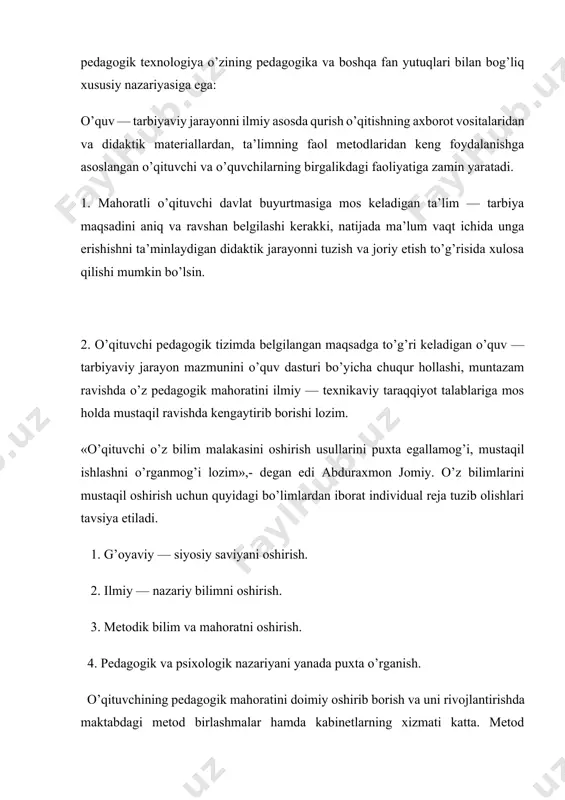 rgi zamon o’qituvchisi uchun zarur bo’lgan juda muhim fazilatlarni egallaydi. maktabda pedagogik mehnatni ilmiy asosda tahlil qilish muammosi ko’pincha darsda vaqtdan unumli foydalanish, sinfdan tashqari tadbirlardan va o’qituvchi tarbiyachilarning ijtimoiy topshiriqlarini tartibga solishdan iborat deb qaraladi. pedagogik mahoratni ilmiy - asosda tashkil etish mazmuni ancha keng tushuncha bo’lib, unga avvalo, xodimlarning malakasi, qobiliyati va qiziqishlarini hisobga olgan holda ularni to’g’ri tanlash va joy - joyiga qo’yish, qayta tayyorlash va ularning malakasini oshirishda qo’llanilayotgan usullar tizimini uzluksiz takomillashtirish va ta’lim - tarbiya jarayoniga texnika vositalarini joriy etish masalalari kiradi. ta’lim metodlaridan foydalanishning samaradorligi va muvaffaqiyati ular o’quvchilar mustaqilligi va ijodiy faolligini rivojlantirishga qanchalik yordam berishiga bog’liq. o’qituvchi o’quvchilarga mustaqillik ko’rsatish uchun sharoit yaratsa, o’quvchilar bilimlarini bamisoli o’zlari olayotgandek tuyulsa, mazkur metod samarali bo’ladi. ta’lim metodlarida o’qituvchining qiyofasi, uning dunyoqarashi, yning psixologik - pedagogik, metodik va maxsus ilmiy tayyorgarligi namoyon bo’ladi. xuddi ana shu omillar ta’lim metodlarini samoradorligini belgilaydi. muayyan metod yaxshi …