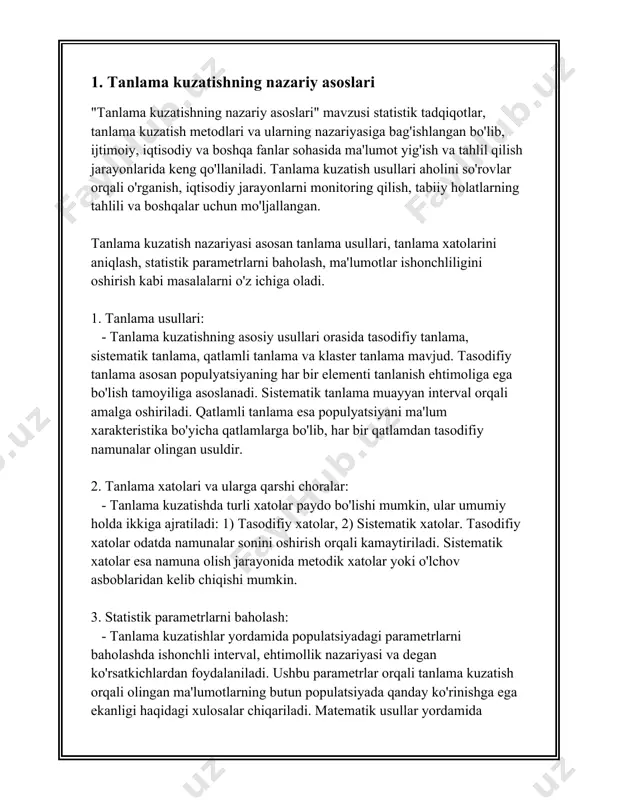 fikrga kelishga imkon beradi. mazkur tushunchalarning mazmunini kengroq tushunish uchun ularning asosiy aspektlariga e'tibor qaratamiz. kuzatish usullari kuzatish usullari ma'lumotlarni yig'ishda qo'llaniladi va turli xil turlariga ega: 1. bevosita kuzatish: bu usulda tadqiqotchilar turli holatlarni, odamlarning xatti-harakatlarini bevosita kuzatib, qayd etadilar. masalan, savdo markazida xaridorlar xatti-harakatini kuzatish. 2. masofaviy kuzatish: bu usulda tadqiqotchilar bevosita holat joyida bo'lmay, yanada texnologik vositalar yordamida ma'lumotlar to'playdilar. masalan, videokuzatuv kameralaridan foydalanish yoki internet orqali foydalanuvchilar ma'lumotlarini yig'ish. 3. ko'rsatkichlar asosida kuzatish: statistik ko'rsatkichlar va indekslar yordamida turli iqtisodiy yoki ijtimoiy jarayonlar kuzatiladi. masalan, inflyatsiya darajasini kuzatish uchun narx indekslaridan foydalanish. 4. eksperimental kuzatish: tadqiqotchilar maxsus eksperimentlar o'tkazib, ular yordamida ma'lum bir nazariyani tekshiradilar yoki yangi bilimlar oladilar. masalan, psixologik eksperimentlar o'tkazish orqali odamlarning stress vaziyatlaridagi xatti-harakatini o'rganish. tanlamalar tanlamalar esa tadqiqotlar uchun nimani va qanday qilib kuzatish kerakligini belgilab beradi: 1. tasodifiy tanlama: bu usulda tadqiqot uchun tanlanadigan vaziyatlar yoki sub'ektlar tasodifiy tanlanadi, bu …