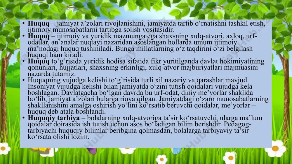 isbatan shavqatsiz munosabatda bo‘lsa, jumladan, jismoniy, iqtisodiy, ruhiy ta’sir ko‘rsatilganda; surunkali ravishda ichkilikbozlik yoki giyohvandlikga mubtalo bo‘lgan taqdirda; o‘z bolalarining hayoti, sog’lig’i yoki er-xotinning hayoti, sog’lig’iga qarshi qasddan jinoyat sodir etilganda ota-onalik huquqidan mahrum qilinadi. farzandlar voyaga yetgandan keyin o‘z ota-onalariga g’amxo‘rlik qilishlari lozim.maktabgacha ta’lim bo‘yicha qabul qilingan qonunlar va me’yoriy hujjatlar bilan ishlash jarayonida biz vasiylik va homiylik kabi iborani uchratamiz. vasiylik va homiylik tuman yoki shahar hokimiyatining qarori bilan belgilanadi. vasiylik – 14 yoshga to‘lmagan va sud tomonidan ruhiy kasalligi yoki zaifligi tufayli muomalaga layoqatsiz deb topilgan shaxslarga belgilanadi. homiylik – 14 yoshdan 18 yoshgacha bo‘lgan o‘smirlarga hamda kasalligi tufayli mustaqil ravishda o‘z huquqlarini amalga oshira olmaydigan voyaga yetgan shaxslarga, shuningdek sud tomonidan layoqati cheklangan shaxslarga nisbatan belgilanadi. maktabgacha ta’lim tashkilotlarida huquqiy tarbiya berishda sharq mutafakkirlari merosidan foydalanish. davlat va huquqning vujudga kelishi to‘g’risida sharqning alloma-yu fuzalolari, mutafakkirlari o‘zlarining tarixiy asarlari orqali turli falsafiy fikr va qarashlarni bildirganlar. …