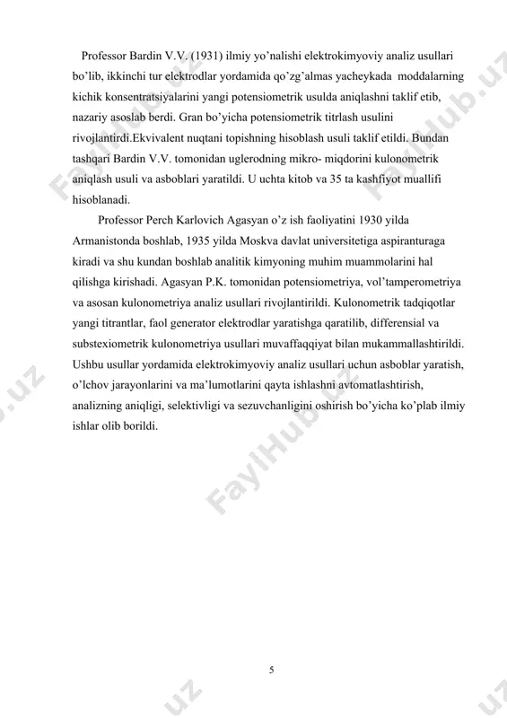 tib olinadi va so’ngra ajratilgan cho’kmalar tarozida tortiladi. elеtrolizni tortma analiz usuli qatoriga kiritish to’g’riroq bo’lar edi, unda ma'lum komponеntni cho’kmaga tushirish uchun ishlatiladigan rеagеnt sifatida elеktr tokidan foydalaniladi. lеkin mеtallarni elеktr toki ta'sirida ajratib olish ionlarining aloxida xossalari: ajralish potеntsiali, o’ta kuchlanish va boshqalar bilan bog`liі bo’lgani sababli bu usul fizik-kimyoviy analizning bilvosita usuli sifatida talqin etiladi. xar qanday elеktrolit eritmasida manfiy va musbat zaryadlangan tartibsiz xarakatlanuvchi kation va anionlar bo’ladi. agar bunday eritmaga manfiy va musbat zaryadlangan elеktrodlar botirilsa ionlar xarakati tartiblashadi: kationlar manfiy qutbga-katodga, anionlar esa musbat qutbga-anodga tomon xarakatlanadi. bunda katodda elеktronlar mеtall elеktroddan ionga o’tadi: mе+ + е- = mе anodda esa elеktronlar iondan elеktrodga o’tadi: a++ е- = a elеktroliz jarayonida katodda qaytarilish sodir bo’ladi: zn 2+ - 2e- = zn fe+3 + e- = fe2+ cu+2+2e- = cu anodda esa oksidlanish jarayoni boradi: 2cl--2е- = cl2 c2o42- - 2е = 2co2 elеktrolizning asosiy …