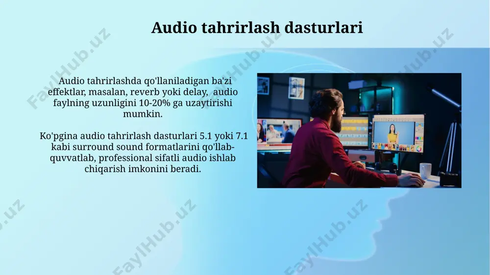standart tezlikda, har bir harakatni aniq aks ettirish uchun kamida 12 ta oraliq rasmlarni qo‘llash tavsiya etiladi. video va audio birlashtirish audio miksajini video bilan birlashtirganda, -6dbfs dan oshmasligi uchun audio darajasini nazorat qilish, clipping effektini oldini olish va umumiy ovozni balansirovka qilish muhim. video va audio treklarni sinxronlashtirishda, masalan, 24 fpsli videoda, audio chastotasini 44.1 khz ga sozlash muhim, aks holda lab harakatlari va tovushlar orasida nomuvofiqlik yuz beradi. video tahrirlashga kirish video tahrirlash dasturlari, masalan, adobe premiere pro yoki davinci resolve, ko'plab effektlar va vositalarni, shu jumladan rangni tuzatish va audio mikslash imkoniyatlarini taqdim etadi. video uzunligini qisqartirish yoki uzaytirish, shuningdek, 1080p yoki 4k kabi yuqori aniqlikdagi video bilan ishlash video tahrirlashning asosiy qismlaridan hisoblanadi. e'tiboringiz uchun rahmat @taqdimot_robot image2.jpg image3.jpg image4.jpg image5.jpg image6.jpg image7.jpg image8.jpg image9.jpg image10.jpg image11.jpg image12.jpg image13.jpg image14.jpg image15.jpg image16.jpg image17.jpg image18.jpg image1.png