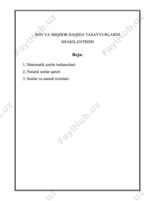ratsional son sifatida ifodalanmaydigan son bo‘lib, misol uchun √2 yoki π (pi). ularning kashf etilishi matematikaning aniq sonlar tushunchasi bilan bog‘liq bo‘lgan chalkashliklarni bartaraf etishga xizmat qilgan. shuningdek, haqiqiy sonlar to‘plami mavjud bo‘lib, bu to‘plam ratsional va irratsional sonlarni o‘z ichiga oladi. ushbu to‘plam sonlar chizig'ining butun qismini qamrab oluvchi uzluksiz to'plamdir. haqiqiy sonlar ko'plab matematik amallarni amalga oshirish imkonini beradi, ayniqsa, geometrik uzunliklarni o'lchash, limitlar tushunchasini tadqiq etish va uning turli xususiyatlarini o'rganishda. sonlar tushunchasi matematik diagnostikada ham keng qo‘llaniladi. masalan, aniq sonlar nazariyasi, matematik analiz va algebra tushunchalarining o‘rganilishi bilan bog‘liqdir. matematik analizda limitlar, xulosalar va uzluksizlik va hokazo masalalarda haqiqiy sonlar va ularning xususiyatlari ko‘p ish beradi. algebra esa ko‘pincha butun sonlar va ratsional sonlar bilan amallar bajarishga asoslangan. sonlarning yana bir turi murakkab sonlar bo‘lib, ular haqiqiy va mavhum biror sonning qo‘shilmasidan iboratdir. murakkab sonlar z = a + bi shaklida ifodalanib, bu erda a va …
