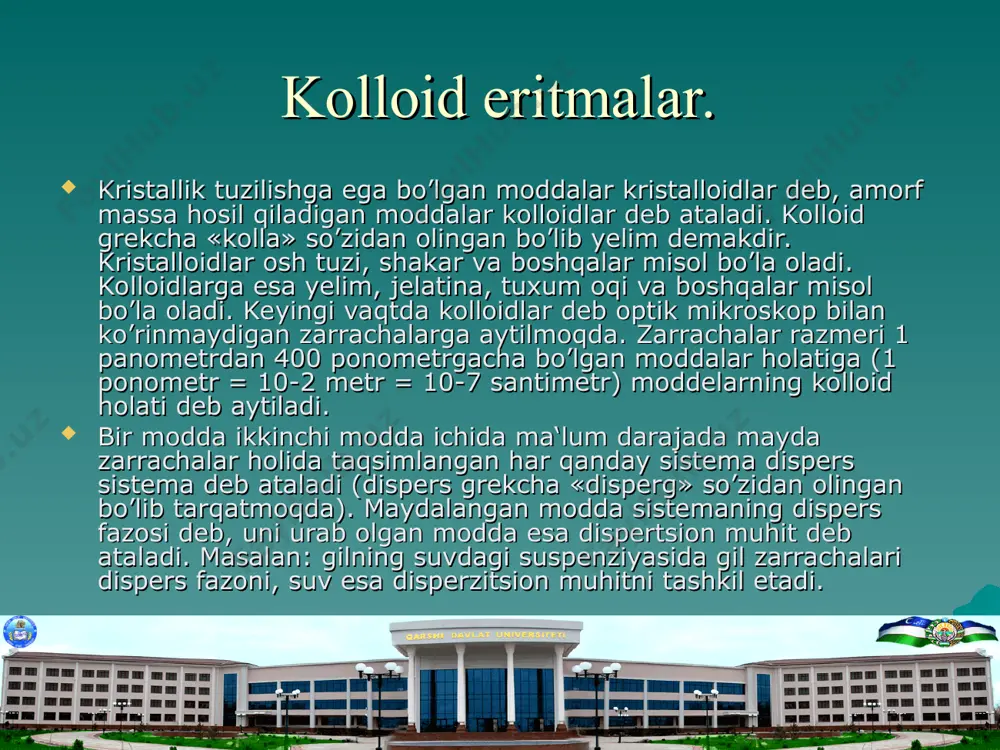 eritmada tura oladi. bu misolda fodorod ionlari qarshi ionlardir. zaryadlangan kolloid zarrachadan va uni muvozanat holatida ushlab turadigan ionlardan iborat sistema mitsella deb ataladi. mitsellaning struktura tuzilishi rasmda keltirilgan. mishyak (iii) sulfid mitsellaning formulasi quyidagicha: {[as2s3]m · x h s-}+ xh+ kolloidlarni o’rganish muhim ahamiyatga ega, chunki ular sanoat va texnikaning nihoyatda xilma-xil tarmoqlarida ko’p ishlatiladi. masalan: kun (teri oshlash) sanoati, rezina, to’qimachilik, sovungarlik, shisha, fotografiya, keramika sanoatlari, sun‘iy tola, plastik massa va boshqalar ishlab chiqarish sanoatining ana shunday tarmularidandir. bu ishlab chiqarishlarning ko’plarida kolloid ximiya nazariyalari texnologig protsesslarni oydinlashtirish va yaxshilashga yordam beradi. eritmalar kontsentratsiyasini ifodalash usullari. eritmaning miqdoriy tarkibi odatda kontsentratsiya bilan ifoda qilinadi. u quyidagi ko’rinishlarda bo’ladi: a) % - li kontsentratsiya - eritmaning 100 og’irlik qismida necha og’irlik qism erigan modda borligini ko’rsatadi. masalan: biror tuzning suvdagi 25% li eritmasi deganda 100 g eritmada 25 g tuz va 75 g suv borligi tushuniladi yoki 3% sas12 …