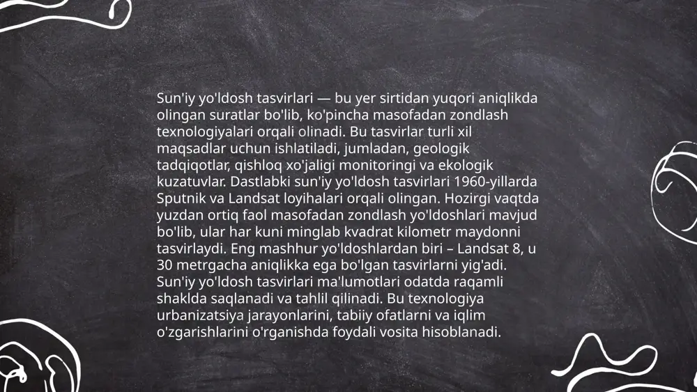 grafik axborot tizimlari) ma'lumotlar bazasi sifatida saqlanadi va joylarning raqamli modelini yaratishga asos bo'ladi. o‘zbekistonda yer resurslari monitoringi uchun ortofotolar tez-tez foydalaniladi. ... t.me/slaydai_bot kartografik syomka — yer yuzasining ma'lum bir qismini xaritada, reja yoki chizmada tasvirlash uchun mo‘ljallangan geodeziya ishlari majmui. ushbu jarayon, odatda, topografik xaritalar yaratishda asosiy ahamiyatga ega. syomkaning aniqligi va batafsilligi xaritalanayotgan hududning murakkabligiga bog‘liq. kartografik syomka asosan aerofotosyomka va yer usti syomkasidan foydalanib amalga oshiriladi. aerofotosyomka yordamida yuqori aniqlikdagi tasvirlar olinib, ularni raqamlashtirish va tahlil qilish orqali xaritaga o‘tkaziladi. yer usti syomkasida esa an'anaviy o‘lchov asboblari va zamonaviy gps texnologiyalaridan foydalaniladi. olingan ma’lumotlar hisobiga hududning relefini, ko‘chalarni, binolarni va boshqa obyektlarni tasvirlash imkoniyati tug‘iladi. ... t.me/slaydai_bot panoramik syomka — keng ko'lamli tasvirlarni olish usuli. bu texnika odatda landshaft tasvirlarini yaratishda qo'llaniladi. panoramik suratlar odatda ko'plab alohida suratlarni birlashtirib, keng ko'rinishni yaratadi. ushbu usul suratga olishda maxsus asbob-uskunalar, masalan, panoramik kameralar yoki linzalar ishlatiladi. panoramik syomka …