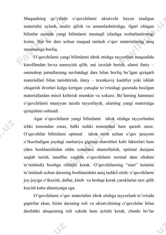 todidan, shuning ukiutvchiga yangi tarbiyalanuvchilari to’ғrisida boy matekrial bera oladigan suhbat metodidan foydalangan ma’qul. shu bilan birga, so’zlab berish va suhbat metodlari xatto birinchi darsda ham dieproektor, magnitofon va boshqa texnika vositalaridan foydalanishga imkon beradi. o’qituvchi darsda uzini qanday to’tishi juda muhim. o’quvchilar sezishi mumkin bo’lgan ishonchsizlikka xatto juda kichiq bir xatoning o’tkazib yuborilishiga yo’l qo’yilmaydi. shu sababli o’qituvchi uzining har bir usuli, harakati, so’zini oldindan tasavvur qilishi uchun birinchi darsiga juda puxta tayyorgarlik kurishi lozim. bu narsa, ayniksa, dastlabki darslarni, odatda, xayajonlangan holatda o’tkazadigan o’qituvchilarga taaluklidir. o’quv materialini oғzaki bayon etish metodikasi. o’quvchilarga o’quv materialini bildirishning asosiy metodlaridan biri o’z ichiga : so’zlab berish, tushuntirish, ma’ruzani oғzaki bayon etishdir. bo’larning hammasida ta’lim berishning faqat bir vositasidan – o’qituvchi so’zidan foydalaniladi. so’zlab berish o’quv materialini hikoya tarzida bayon etishni ko’zda tutadi. bu metod o’quv materiali, asosan, tavsifi harakterda bo’lib, mantiqiy izchilligi bilan farq qiladigan hollarda qo’llaniladi. tushuntirish. o’quv materialini oғzaki …