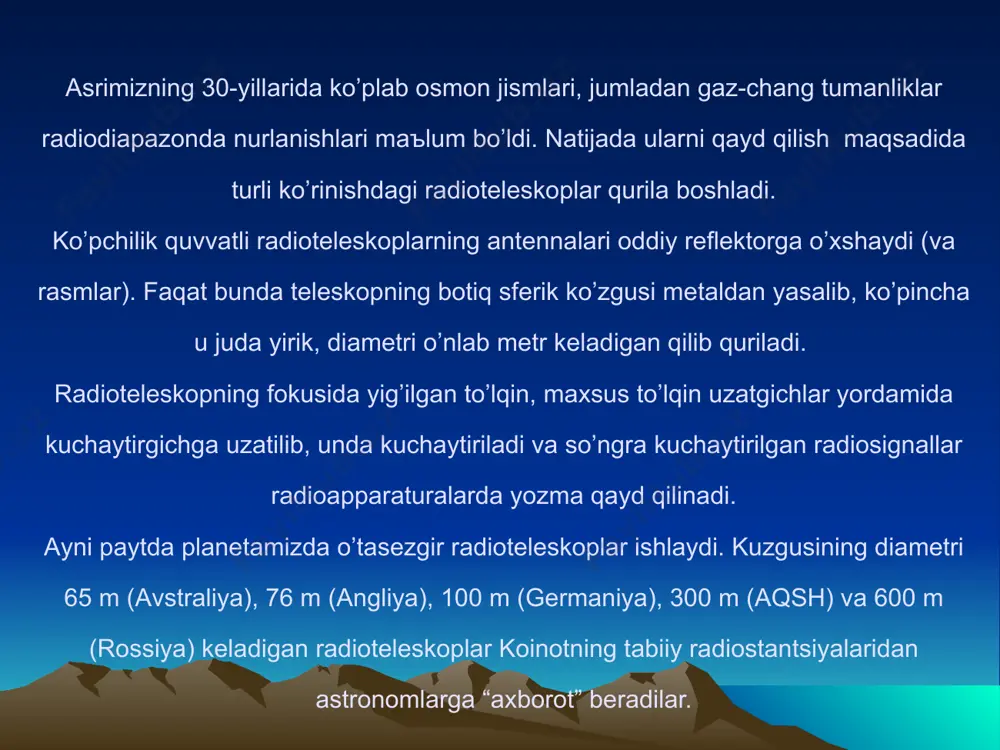 oydalanish mumkin (bu tayoqchalar garts dipoli dab ataladi). tayoqchalarning biri ganaratorning bir qutbiga ikkinchisi esa ikkinchi qutbiga ulanadi. ganarator antanna tayoqchalari atrofida tarqatilayotgan signallarni tashuvchi o’zgaruvchan elaktromagnit maydon xosil qiladi va bu moydondan elaktromagnit to’lqinlar tarqalaboshlaydi. to’lqinning quvvati tayoqchalarga tik yo’nalishlarda maksimal qiymatga va tayyoqchalar yo’nalishida nol qiymatga ega bo’ladi. yo’nalishlar bo’yicha quvvatni taqsimlanishi antannaning yo’naltirilish diagrammasi dab ataladi. dipol antanna radio signallarni qabul qilishi xam mumkin. buning uchun tayoqchalarni priamnik qutblariga ulash karak. endi tayoqchalar qabul qiluvchi antannaga aylandilar va ulaning yo’naltirilish diagrammasi va qabul qiladigan to’lqinlari uzunligi tarqatishda qanday bo’lsa shundayligicha qoladi. antannaning bu xususiyati olmashtirish printsipi dab ataladi. e’tiboringiz uchun rahmat image6.png image7.png image8.png image1.jpeg image4.jpeg image5.jpeg