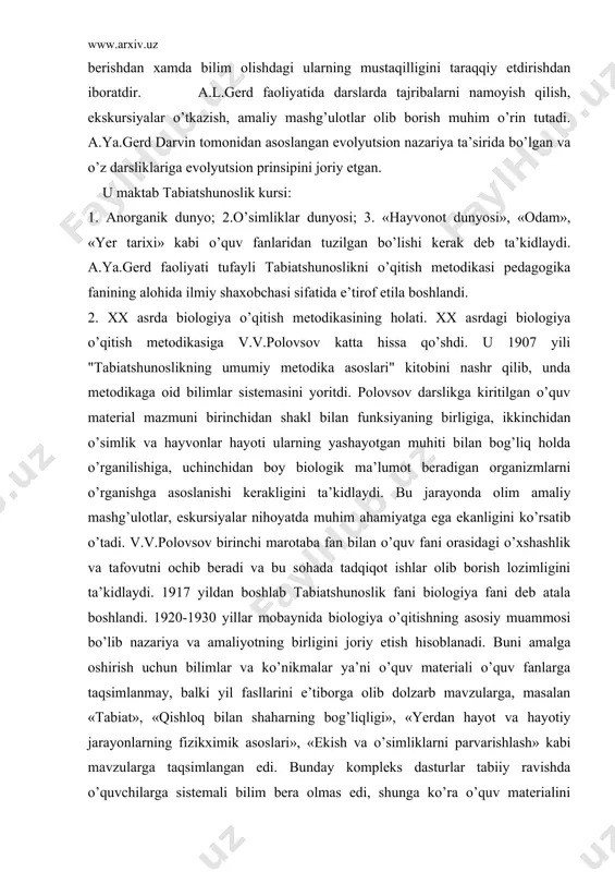 si bo’lib nazariya va amaliyotning birligini joriy etish hisoblanadi. buni amalga oshirish uchun bilimlar va ko’nikmalar ya’ni o’quv materiali o’quv fanlarga taqsimlanmay, balki yil fasllarini e’tiborga olib dolzarb mavzularga, masalan «tabiat», «qishloq bilan shaharning bog’liqligi», «yerdan hayot va hayotiy jarayonlarning fizikximik asoslari», «ekish va o’simliklarni parvarishlash» kabi mavzularga taqsimlangan edi. bunday kompleks dasturlar tabiiy ravishda o’quvchilarga sistemali bilim bera olmas edi, shunga ko’ra o’quv materialini laboratoriya metodi asosida o’rganish targ’ib kilina boshlandi. natijada o’quvchilar sinf darslari o’rniga tabiatni kuzatish, tajriba o’tkazish bilan boshladilar. laboratoriya metodi o’quv dasturining asosiy maksadi mehnat, tabiat va jamiyat kompleksni o’rganishdan iborat bo’lgan. bu kompleks o’quv dasturlari maktablarda o’qitiladigan o’quv fanlari orasidagi to’siqni bartaraf qilishga qaratilgan edi. lekin bunday kompleks o’quv dasturlari o’quvchilarga sistemali bilimlar bera olmasligi tezda ma’lum bo’lib qoldi. shuning uchun 1931 yildan boshlab xukumat qarori bilan boshlang’ich va o’rta maktab isloh qilindi va ta’lim berishning asosiy tashkiliy shakli dars bo’lishi lozimligi uqtirildi. shu …