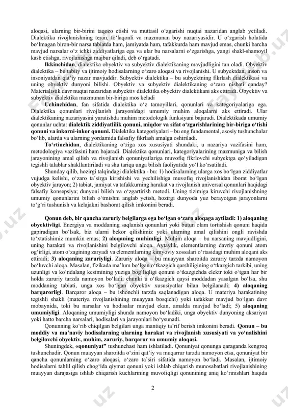 alektika odamlar ongiga diniy dunyoqarashni singdirish va mustahkamlash uchun hukmron sinflar faol foydalangan sofistika va sxolastikaga aylangan. metafizika unsurlarini o‘z ichga olgan dialektikaga qaytish yangi davr falsafasi (rene dekart, benedikt spinoza, deni didro va b.) da yuz bergan. shunga qaramay dialektikaning eng yaxlit konsepsiyasini klassik nemis falsafasida georg gegel ta’riflagan. bu konsepsiya dialektikaning ikkinchi shakli deb ataladi. gegel ilk bor dunyoni quyidan oliyga qarab boruvchi umumiy rivojlanish jarayoni sifatida tasvirlagan, rivojlanish manbai - qarama-qarshiliklar kurashini ko‘rsatib bergan, dialektikaning asosiy qonunlari va kategoriyalarini ta’riflagan. ammo gegel dialektikasi idealistik xususiyat kasb etgan. dialektikaning ikkinchi tarixiy shakli idealistik dialektikaning asosini obyektiv borliq emas, balki uni aks ettiruvchi tafakkur xizmat qilgan. gegel dialektikasi dialektikaning navbatdagi shakli vujudga kelishiga zamin hozirlagan. nemis faylasuflari karl marks va fridrix engels bu zaminga tayangan holda yangi qadamni tashlash – materializmni dialektik mantiq bilan bog‘lashga harakat qilganlar. buning natijasi o‘laroq dialektikaning uchinchi tarixiy shakli materialistik dialektika yaratilgan (xix asrning …