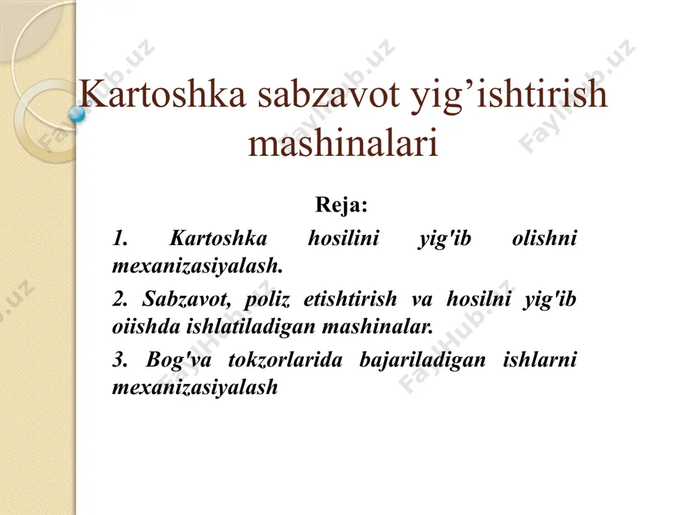 kardonli va zanjirli uzatmalar orqali harakat olib ishlaydi. o’ziyurar kartoshka kovlagich-yuklagich ksk-4-1 bir o’tishda to’rt cfatorda kartoshka joylashgan qatlamni kesib asosiy elevatorga uzatadi. kartoshka elevatorlardai o’tib, palakdan, kesaklardan tozalariadi va to’kuvchi trasportyor orqali yonida ketayotgan trasportyor vositasiga o’tkazib beriladi, kartoshkani yig'ib olishda kku-2a, rusumli kombayinlar ishlatilishi raumkiu. bu kombayn kartoshkani tuproq va palakdan ajratib olish bilan birga barabansimon trasporter yordamida ajratish stoliga etkazib beradi. bu stol tuganaklarni tosh, kesak va o’simliklardan tozalash uchun mo’ljallangan. stolning ikki tomonida ishchi operatorlar turib ishlashlari uchun maydonchalar bor, ajratilgan kartoshka tuganaklari stol trasporter yordainida sig'imi 700-800 kg bo’lgan bunkerga uzatiladi. ajratmalar esa boshqa trasportyor yordamida dalaga tashlanadi. kombayn, yurishni sekinlashtirgich bilan jihozlangan mtz-80/82, dt-75, t-74 traktorlari bilan agregatlanadi. sabzavot ekinlari hosilini yig'ib terib olish ishlarini mexanizasiyalashda npssh-12, pou-2 platformalari tn-12 trasportyor foydalanadi. bu mashinalar yordaraida oldinma ketin etiladigan sabzovot hosilining yalpi yoki saralab terib olish mumkin. npssh-12 o’rnatma plotforma bir necha stellajlardan: ikkita yon …
