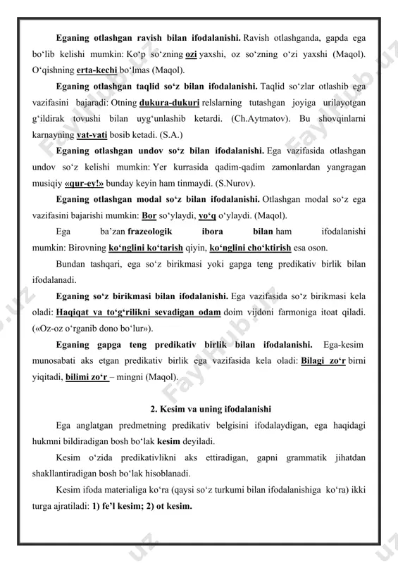 urli fe’l shakllari bilan ifodalanadigan kesim fe’l kesim deb yuritiladi: yo‘l chetida zarg‘aldoqlar sayraydi. (p.q.). o‘rik qiyg‘os gullaganda, birdan havo sovib, laylakqor yog‘ib berdi. (p.q.). fe’l kesim ba’zan frazeologik ibora bilan ham ifodalanadi: tog‘ etagida qishloqning mirzateraklari elas-elas ko‘zga tashlanadi. (p.q.). ot kesim. fe’ldan boshqa so‘z turkumlari (ot, sifat, son, olmosh, ravish, undov va b.) bilan, shuningdek, fe’lning harakat nomi shakli bilan ifodalanadigan kesim ot kesim deb ataladi. 1) kesimning ot bilan ifodalanishi. ot kesim vazifasida ko‘pincha bosh kelishikdagi ot, ba’zan esa o‘rin-payt, chiqish, jo‘nalish kelishiklardagi ot yoki ko‘makchi bilan qo‘llangan ot kelishi mumkin: yoshning hurmati - qarz, qarining hurmati – farz. (maqol). so‘zning ko‘rki - maqol. (maqol). o‘sha kuni norboy ota dalada edi. (p. q.). safaviylar ham o‘zimizning turkiy ulusdan. (p.q) ot bilan ifodalangan kesim nafaqat bosh kelishik shaklida, ba’zan jo‘nalish, o‘rin-payt, chiqish kelishiklar shaklida bo‘lishi mumkin, hatto ko‘makchi orqali shakllangan bo‘lishi mumkin. masalan: ilmu hunar yerga emas, elga. …