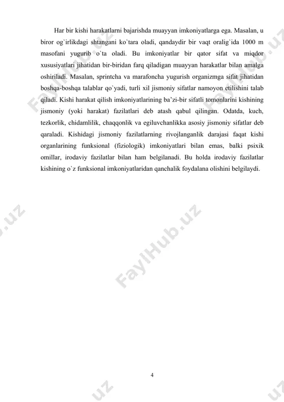 ezkorlik, chaqqonlik, chidamlilik va hokazolarning) barchasini o`zaro uzviy bog’lab olib borishni tarbiya jarayoni taqazo qiladi. lekin sportning ma`lum bir turida muayyan fazilat kuchliroq shakllanadi, rivojlanadi va u etakchi harakat sifati tarzida nomoyon bo`ladi. boshqa sifatlar ham nisbatan rivojlanadi, lekin ular yordamchi, ko`makchi harakat sifati tarzida namoyon bo`lishi mumkin. masalan, sport o`yinlaridan basketbolda asosan chaqqonlik sifatini rivojlantiradi deb hisoblansa, tezlik yordamchi sifati tariqasida rivojlanadi. lekin basketbol chidamlilikni ham tarbiyalashda asosiy vositadir. og’ir atletikachilarda kuch jismoniy sifati etakchi fazilat sanaladi. “siltab ko`tarish (rivok)”ni ko`p mashq qilish esa tezkorlikni rivojlantiradi3. amaliyotda bu mashqlar orqali chidamlilik va egilivchanlik ham ko`makchi jismoniy sifat tarzida rivojlanishini guvohimiz. umuman, chaqqonlikni rivojlantirish uchun ko`proq o`yinlardan: voleybol, basketbol, futbol, tennis, stol tennisi, gandbol, xokkey, regbi va boshqalardan foydalanish maqsadga muvofiqdir. chaqqonlikni rivojlantirish esa tez o`zgaruvchan o`yin sharoitiga moslasha bilishni, kuzatuvchanlikni, mo`ljalga to`g’ri olishni, qisqa fursat ichida turli murakkab vaziyatda aniq, to`xtamga kelish, uni his qilish va o`z harakatlarini shu …