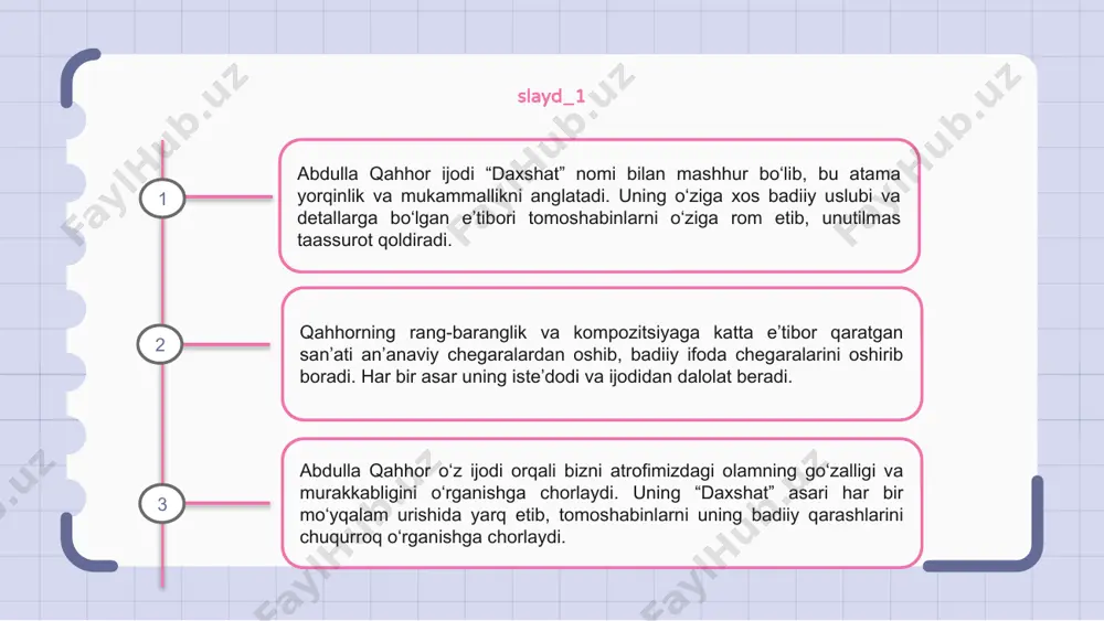 habinlar orasida fikrlarni uyg'otadi. qahhorning o‘ziga xos dunyoqarashi ijodida yaqqol namoyon bo‘lib, uning individualligi va ijodga nopok yondashuvini namoyon etadi. slayd_9 abdulla qahhor ijodi 9-slaydda “daxshat” deb ta’riflangan. bu atama uning badiiy mahoratining mohiyatini kuchli va ta’sirchan tarzda aks ettiradi. qahhor ijodi sir va teranlik tuyg‘usi bilan sug‘orilgan bo‘lib, tomoshabinni ham tanish, shu bilan birga butunlay o‘ziga xos dunyoga tortadi. qahhor o‘z ijodi orqali an’anaviy san’at tushunchalariga qarshi chiqadi va chegaralarni kengaytiradi va uni boshdan kechirgan barchaga doimiy ta’sir qiladi. slayd_10 abdulla qahhor ijodi chuqur ta’sirchan va ta’sirchan bo‘lib, “daxshat” tuyg‘usini o‘zida mujassam etgan holda tomoshabinlarda aks-sado beradi. uning noyob hissiyotlari va mahoratli mahorati tomoshabinlar uchun jozibali tajriba yaratadi va ularni o'z dunyosiga jalb qiladi. qahhor o‘z san’ati orqali me’yorlarga qarshi chiqadi va chegaralarni o‘taydi, murakkab g‘oyalar va tuyg‘ularni hayratlanarli tiniqlik va shiddat bilan yetkazadi. slayd_11 abdulla qahhor ijodini “daxshat” deb ta’riflash mumkin, bu uning o‘ziga xos va kuchli badiiy …