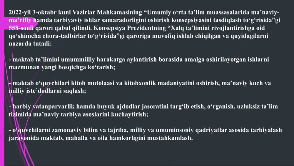 ash “harbiy qismda bir kun” va “vatanga qasam” turkum tadbirlar orqali o‘quvchilar ongida harbiy xizmat muqaddas burchi ekanligi haqidagi tushunchani mustahkamlash “sohibqiron amir temur - markazlashgan milliy davlatchilik asoschisi” g‘oyasi asosida o‘quvchilar ongida adolatparvarlik va bunyodkorlik tuyg‘ularini tarbiyalash zamonamiz qahramonlari - yoshlarga ibrat timsoli yo‘nalishi orqali quyidagi ishlar amalga oshiriladi: “muvaffaqiyatga erishish sirlari” loyihasi doirasida o‘z sohasida yuqori natijalarga erishgan yurtdoshlarimiz bilan doimiy muloqotlar tashkil etish ilmiy va ijodiy maktab yaratgan atoqli olim va ijodkorlarning uy-muzeylari hamda ishxonalarida sayohat-darslar o‘tkazish “yangi o‘zbekistonning ma’naviyat maskanlari” rukni ostida turkum tadbirlar va sayohatlar uyushtirish maktab, mahalla va oila hamkorligini mustahkamlash yo‘nalishi orqali quyidagi ishlar amalga oshiriladi: “uch avlod uchrashuvi” loyihasida maktab va mahallalarda turli avlod vakillari va o‘quvchilar ishtirokida muloqotlar tashkil etish ota-onalarning farzand tarbiyasidagi mas’uliyatini oshirish maqsadida “eng namunali ota-ona” tanlovini o‘tkazish o‘quvchilarni mahallalarda tashkil etiladigan xalq sayillari, umumxalq bayramlari, o‘yinlar va sport musobaqalariga keng jalb qilish konsepsiya ijrosini ta’minlashga asosan qaysi …