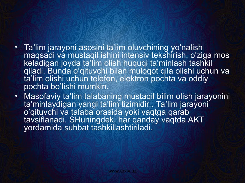 publikasi konstitutsiyasiga mos ravishda mamlakat barcha fuqarolari ta’lim olish huquqiga ega. davlat bepul umumiy ta’limni kafolatlaydi. maktab ta’limi davlat nazorati ostida. hammamizga ma’lumki, bugungi kunda iqtisodiyotning tarkibiy o’zgarishlari nafaqat yaxshi ta’lim olgan malakali kadrlar balki, zamonaviy ishlab chiqarish sanoatida ishlay olishga tayyorlanganlar mehnat bozoriga chiqishini talab qilmoqda "bilimlar iqtisodi" bo’lishga davogarlik qilayotgan iqtisodiy jihatdan ta’lim tizimiga asosiy talabni quyidagicha shakllantirish mumkin - ta’lim tizimi mamlakatni quyidagilar bilan ta’minlashi kerak: www.arxiv.uz www.arxiv.uz www.arxiv.uz www.arxiv.uz a) innovatsion xarakterdagi ilmiy-texnik kashfiyotlar yarata oladigan va keyingi taraqqiyotga ochiq, o’rganuvchi va yangilarini tadbiq etuvchi oliy ma’lumotli va doimiy tayyorlanayotgan texnik muhandis kadrlar va ilmiy xodimlar b) yuqori malakali menejer kadrlari, zamonaviy talablar asosida tayyorlovni rivojlanish shaklini boshqarish v) ishchi sohalardagi yuqori malakali kadrlar, zamonaviy uskunalarda ishlay olish va zamonaviy texnologiyalar foydalana olish jamiyat oliy ma’lumotli, mukammal shakllangan shaxslarga muxtoj. o’zbekistonda umumiy o’rta ta’lim bepul ta’minlab berilgan bo’lib, u xar bir shaxsning sifatli ma’lumot olishiga xizmat …