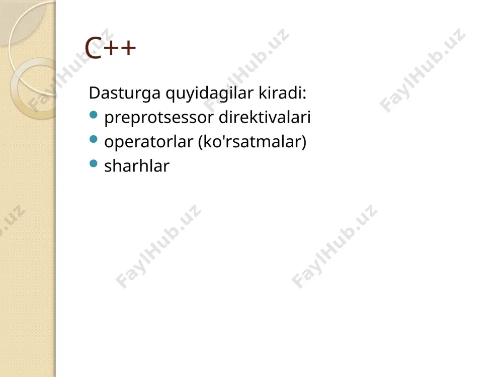 va natijani b ga qo'yish a? b : c shartli operatsiya. agar a rost bo'lsa, b qaytariladi , aks holda c a, b ifodasi a baholanadi va keyin b baholanadi . birinchi ifodaning ma'nosi yo'qoladi. l-qiymatli ifodalar agar operatsiya o'z operandlaridan birining qiymatini o'zgartirsa, har bir ifoda bunday operatsiyalar uchun o'zgaruvchan operand bo'lib xizmat qila olmaydi. bu joyda xotiraning ma'lum bir sohasiga noyob tarzda murojaat qiladigan konstruktsiya bo'lishi kerak, uning qiymati o'zgartirilishi mumkin (masalan, o'zgaruvchining nomi). bunday turdagi ifodalar l-ifodalar deb ataladi ( l - qiymatlar ). tayinlash va prefiksni oshirish (kamaytirish) operatsiyalari natijalari l-qiymatlari , boshqa ko'rib chiqilgan operatsiyalar emas. mantiqiy ifodalarni to'liq baholash mantiqiy amallar chapdan o'ngga amalga oshiriladi. agar birinchi operandning qiymati operatsiya natijasini aniqlash uchun etarli bo'lsa, ikkinchi operand baholanmaydi. misol: a=0, b=4; ( a>0) && (b==4) ifodasida faqat chap tomoni hisoblab chiqiladi. ifodasi (b==4) && ( a>0) toʻliq baholanadi. konvertatsiya turi ifoda har xil turdagi …