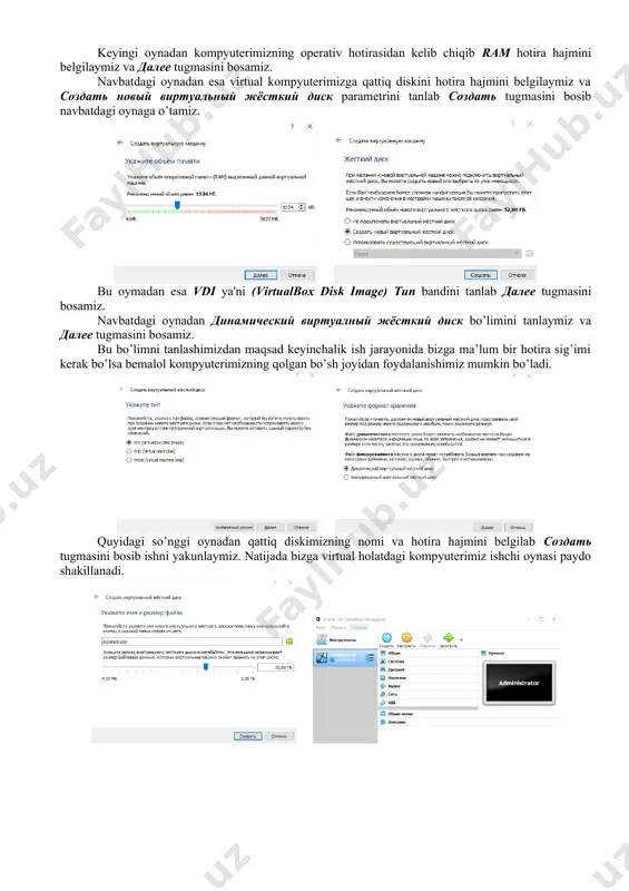 mini ushbu virtual kompyuterimiz hotirasiga o’rnatish tartibini ketma – ketligini ko’rib o’tamiz. bunda настройка bo’limidan носители bandiga kirib u yerdan disk ko’rinishidagi virtual disk yurituvchi tanlanadi. disk yurituvchi piktogrammasi yonida пусто yozuvi mavjud. bu degani hali disk yurituvchining ichiga disk solingani yo’q degani. biz bu disk yurituvchini tanlaganimizdan so’ng oynaning o’ng qismida атрибуты bo’limidan оптический привод sata порт 1 qismiga iso formatda yozilgan windows 7 obrazi manzilini ko’rsatib живой cd/dvd va с горячей заменой yozuvlari oldiga ushbu belgini qo’yganimizdan so’ng ok tugmasi aktiv holatga keladi va ushbu ok tugmasini bosib tasdiqlaymiz. mana virtual kompyuterimiz windows 7 operatsion tizimini yuklashga tayyor holatga keldi. endi birgina запустить tugmasini bosishimiz qoldi halos. запустить tugmasini bosamiz va windows 7 operatsion tizimi o’rnatila boshlaydi. 2. 3. 4. 5. 6. 7. 8. 9. 10. 11. 12. 13. 14. 15. 16. 17. 18. 19. 20. 21. 22. 23. 24. 25. 26. windows 7 operatsion tizimini o’rnatish jarayoni …