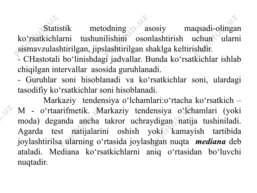 15 intervaldan o‘rin olgan va h.k.z. taqsimotlar chastotasi bo‘yicha ma’lumotlarning grafik taqdim etilishi egri chiziq taqsimoli ko‘rinishini olgan (1-rasm). 1-rasmdan ko‘rinmoqdaki, taqsimotlarni ko‘rinishi qo‘ng‘iroq shaklidagi normal egri chiziq timsolini hosil qilmoqda. normal egri chiziqning matematik aniqlanishi muhim matematik xossalarni egallagan bo‘lib, ko‘pgina statistik tahlillarning asosida yotadi. normal taqsimotning ko‘rinishida fahmlash mumkinki, ko‘p miqdordagi holatlar egri chiziqning markazi qismidan o‘rin olgan, qolgan holatlar kamaygan tarzda uning chekkasiga qarab joylashib boradi. egri chiziq simmetirik ko‘riinish olib, yagona maksimumlik esa markazdan o‘rin olgan. inson xususiyatlarini ifodalovchi ko‘pgina alomatlar-bo‘yi va vaznidan tortib qobiliyat va shaxslilik xususiyatlarigacha – normal egri chiziqqa yaqinlashib boradi. umimiyda ko‘pgina guruhga nisbatan empirik taqsimot nazariy kormal egri chiziqqa yaqinlashadi. qiymatlarning bu tarzda statistik ifodalash ko‘pgina testlarni natijalarini tipik yoki reprezentativ talqin etishga imkon beradi. baholar 3.2-rasm. bir xil o‘rtacha va har xil o‘zgaruvchanlik diapazon bo‘yicha taqsimotlar chastotasi so‘ngra qator test baholar to‘plami markaziy tendensiyalarni qator mezonlari tig‘iz bayon qilingan bo‘lishi …