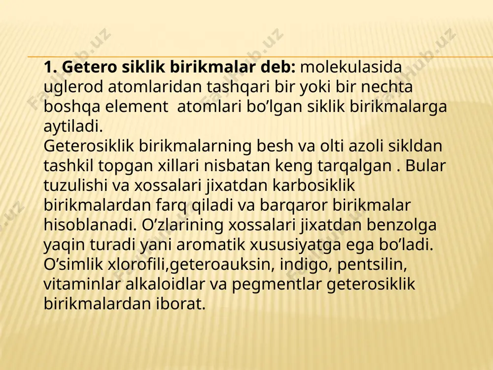 ko‘mir smolasidan ajratib olinadi. piridin asos xossasiga ega, uning suvli eritmasi lakmusni ko‘kartiradi.piridin suv bilan ammoniy gidroksidga o‘xshash birikma hosil qiladi: piridinning hosilalari tirik organizmda sodir bo‘ladigan biokimyoviy jarayonlarda muhim rol o‘ynaydi. vitamin pp — nikotin kislotaning amidi bo‘lib, pellagra kasalligini davolashda ishlatiladi. izoniazid esa sil kasalligini davolashda ishlatiladi. vitamin b6 (piridoksin) ham piridinning hosilasidir. organizmda piridoksin fermentativ oksidlanish-qaytarilish va aminokislotalarni dekarboksillash jarayonida katta rol o‘ynaydi. alkaloidlar — tarkibida azot atomi tutgan, asos xossalariga ega bo‘lgan, ayrim o‘simliklar tarkibida uchraydigan, odam va hayvon organizmiga kuchli fiziologik ta’sir qiladigan murakkab organik birikmalardir. ko‘pgina o‘simlik ekstraktlarining shifobaxsh va zaharlixususiyatlari juda qadim zamonlardan ma’lum. fransuz farmatsevti segen (1804-yili) tozalanmagan morfinni, nemis farmatsevti sertyurner (1906-yili) toza morfinni, rus olimlaridan f. i. gize (1815-yili) xininni, a. a. voskresenskiy (1842-yili) teobrominni ajratib oldilar. alkaloid konining tuzilishi 1886-yilda aniqlangandan so‘ng alkaloidlar kimyosi keng rivojlanib ketdi. hamma o‘simliklar alkaloid saqlamaydi. ko‘knoridoshlar, dukkaklilar, ayiqtovonguldoshlar, zirkdoshlar kabi oilalarga kiruvchi o‘simliklar …
