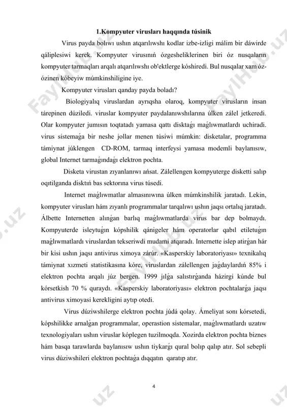 rustıń kóbeyiwine 30 sekund waqıt ketsa, bir saattan keyin bul 1000000000 den artıp ketiwi múmkin. anıqrogi kompyuter yadı daǵı bos jaylardı bánt etiwi múmkin. tap sonday waqıya 1988 jılı amerikada júz bergen. global set arqalı uzatılıp atırǵan informastiya arqalı virus bir kompyuterden basqasına ótip júrgen. bul virus morris virusı dep atalǵan. maǵlıwmatlardı virus qanday júk etiwi múmkin degen sorawǵa sonday juwap beriw múmkin: 1. virus nusqaları basqa programmalarǵa tez kóbeyip ótip aladı ; 2. kalendar boyınsha 13-sáne juma kunga tug'ri kelse hámme hújjetlerdi joq etedi (uchiradi). bunı hámmege málim «jerusalem» («time» virusı da dep ataladı ) virusı júdá «yaxshi» ámelge asıradı. kóbinese bilip bolmaydı, virus qay jerden payda boldı. virus payda bolıw belgileri. zálellengen kompyuterde eń áhmiyetlii virustı anıqlaw. onıń ushın virustı tiykarǵı belgilerin biliw kerek: 1. funksional programmalardı jumısın toqtatıw yamasa nadurıs islewi; 2. kompyuterdi aste islewi; 3. os ni júklenbesligi; 4. fayl hám kataloglardı joǵalıp ketiwi yamasa olardaǵı …