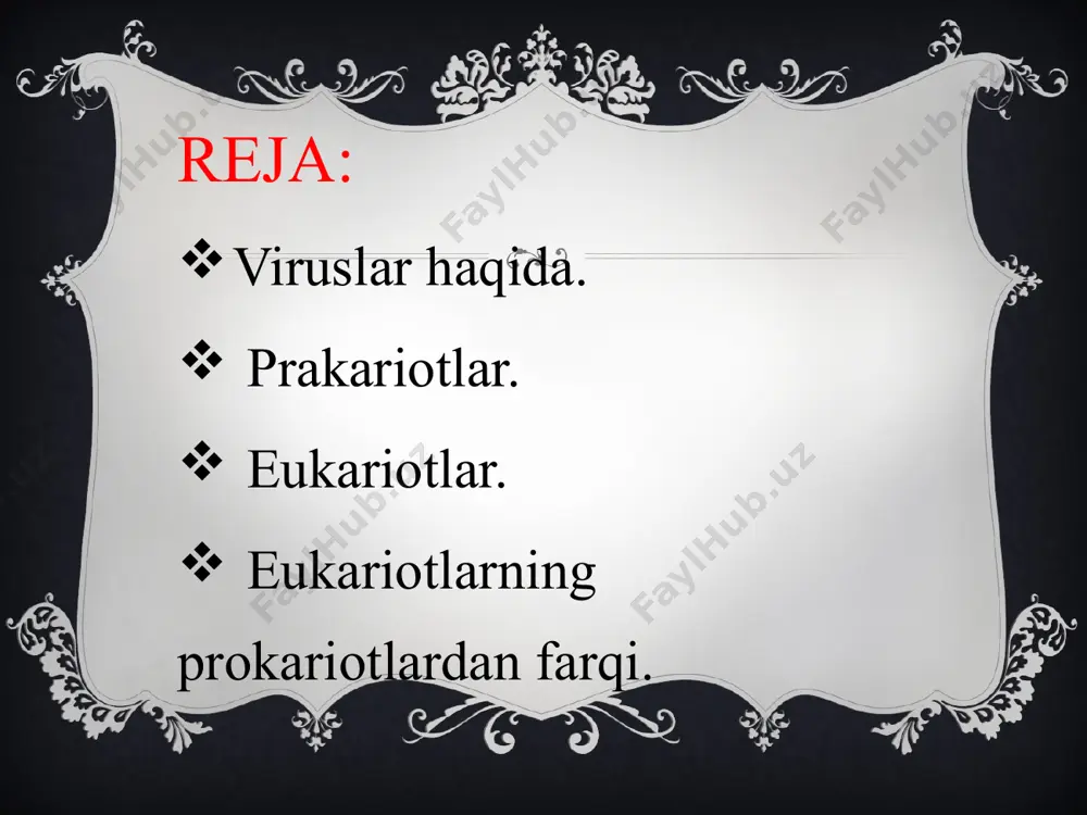 an boʻlib, primitiv xromosomaga mos keladi. koʻpayishda genoforning har qaysisi hujayra membranasi bilan birga yangi hujayralarga oʻtadi. mitoz boʻlmaydi, xloroplastlar, endoplazmatik toʻr, mitoxondriyalar, golji apparati, sentriollar uchramaydi. hujayra devori asosi glikopeptid murendan iborat. ribosomalari ancha kichik, eukariotlar xromosomalaridan oqsil soni va sedimentatsiya koeffitsiyenti bilan farq qiladi. prokariotlar bir qator oʻziga xos spetsifik fiziologik jarayonlar, mas, havodan molekulyar azotni oʻzlashtirish xususiyatiga ega. ayrim qarashlarga binoan, prokariotlar eukariot ajdodlari bilan birga eng qadimgi hayvonlarga kiritiladi. eukariotlar (yunoncha: yei yaxshi, haqiqiy, butun va kaguop — yadro) — toʻliq shakllangan, haqiqiy yadroga ega boʻlgan hujayrali organizmlar. eukariotlarga suvoʻtlar, yuksak oʻsimliklar, barcha hayvonlar, zamburugʻlar kiradi. eukariotlar dnk si yadrodagi xromosomalarda joylashgan boʻlib, gistonli oqsillar bilan birikkan nukleosomalarni hosil qilishda ishtirok etadi. eukariotlarning hujayralarida membranali organoiddar yaxshi rivojlangan; ayrim organoidlari (mitoxondriyalar va xloroplastlar) da dnk va avtonom oqsil sintezlovchi apparat mavjud. eukariot hujayralarning asosiy xususiyatlari nimalardan iborat? prokariot hujayralardan farqli oʻlaroq, eukariot hujayralar quyidagi qismlardan tarkib …