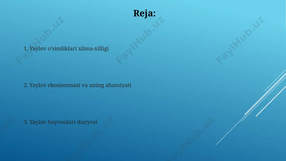 lan, qashqadaryo viloyatining qo'riqlanmagan hududlarida, o'ta intensiv yaylovga uchrab, o'simlik qoplami sezilarli darajada kamaygan. qoraqalpog'iston respublikasidagi tadqiqotlar shuni ko'rsatdiki, o'rtacha 2-3 yillik intensiv o'tlatish yaylovning tiklanishiga 7-10 yil vaqt ketishi mumkin. yaylovlardagi kasalliklar va zararkunandalar qashqadaryo viloyati yaylovlarida 10 ga yaqin turdagi o'tlarga ta'sir qiluvchi qo'ng'izlarning tarqalishi kuzatilgan bo'lib, bu hosildorlikka 15-20% zarar yetkazdi. surxondaryo viloyati yaylovlarida parazitli nematodlarning tarqalishi tufayli chorva mollari orasida 5% ga yaqin mal-mulla kasalligi holatlari qayd etilgan. hayvonlarning yaylov ekosistemasi uchun roli yaylovlarda yashnagan 50 ga yaqin sut emizuvchi turlar, jumladan, qozogʻiston dashtlaridagi antilopalar va turkmaniston cho'llaridagi quyonlar, o'simliklarning vegetativ ko'payishini ta'minlashda muhim rol o'ynaydi, chunki ular urug'larni tarqatishadi va tuproqni boyitadi. andijon viloyatining yaylovlarida yashovchi 10 ga yaqin turdagi yer kemiruvchilar, o'simliklarning ildiz tizimini havo bilan ta'minlashga, tuproq unumdorligini oshirishga va boshqa hayvonlar uchun ozuqa zaxirasini yaratishga hissa qo'shadi. yaylovlardan oqilona foydalanish chorva mollarining zichligi gektariga 3 boshdan oshmasligi, jumladan, buxoro viloyatidagi yaylovlarda, o'tlarning …