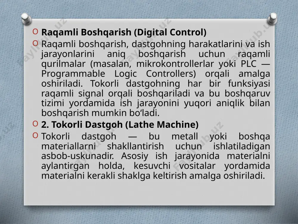 g-kodlari asosan harakatni (masalan, kesish yoki aylantirish) boshqarish uchun ishlatiladi, m-kodlari esa dastgohning boshqa funksiyalarini (masalan, ishni boshlash, to‘xtatish, suyuqlikni o‘tkazish va hokazolar) boshqaradi. misol g-kodlari: g00 — tez harakat qilish (positioning) g01 — uzunlik bo‘yicha to‘g‘ri kesish g02/g03 — dairaviy harakat (so‘laning o‘ng va chap tomoni) misol m-kodlari: m03 — spindleni aylantirish m05 — spindleni to‘xtatish m08 — suyuqlikni yoqish 5. avtomatik boshqaruvning afzalliklari cnc lathe dastgohlarining avtomatik boshqarilishi bir nechta afzalliklarga ega: yuqori aniqlik: cnc tizimi yuqori darajada aniqlik bilan harakatlarni bajaradi. bu, masalan, mikro o‘lchamdagi komponentlarni ishlov berishda muhim. takrorlanuvchanlik: dasturga kiritilgan kod bo‘yicha har bir operatsiya aniq va takrorlanuvchan tarzda amalga oshiriladi. bu esa yuqori sifatni ta'minlaydi. ishlab chiqarish samaradorligi: dastgohning avtomatik ishlash jarayoni ish vaqtini sezilarli darajada qisqartiradi va ishlab chiqarish samaradorligini oshiradi. murakkab shakllar va dizaynlar: cnc lathe yordamida murakkab shakllarni va yuqori aniqlikdagi detal dizaynlarini ishlov berish mumkin, bu esa an'anaviy usullar bilan …