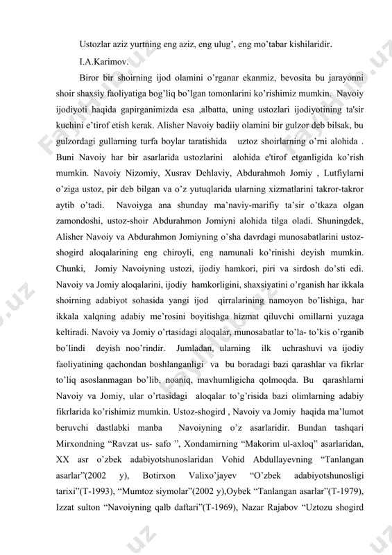 n boshlanganligi va bu boradagi bazi qarashlar va fikrlar to’liq asoslanmagan bo’lib, noaniq, mavhumligicha qolmoqda. bu qarashlarni navoiy va jomiy, ular o’rtasidagi aloqalar to’g’risida bazi olimlarning adabiy fikrlarida ko’rishimiz mumkin. ustoz-shogird , navoiy va jomiy haqida ma’lumot beruvchi dastlabki manba navoiyning o’z asarlaridir. bundan tashqari mirxondning “ravzat us- safo ”, xondamirning “makorim ul-axloq” asarlaridan, xx asr o’zbek adabiyotshunoslaridan vohid abdullayevning “tanlangan asarlar”(2002 y), botirxon valixo’jayev “o’zbek adabiyotshunosligi tarixi”(t-1993), “mumtoz siymolar”(2002 y),oybek “tanlangan asarlar”(t-1979), izzat sulton “navoiyning qalb daftari”(t-1969), nazar rajabov “uztozu shogird “xamsa”ijodkorlari”( 2001 y), amonullo valixonov “g’azal nafosati”(1985 y) asarlaridan va yana boshqa, ko’plab ilmiy asarlarda bu boradagi qisqacha qayd etilgan malumotlar uchraydi. i. navoiy va jomiyning dastlabki uchrashuvi haqida. navoiy va jomiyning dastlabki uchrashuvi va tanishuvi borasida ma’lumotlar aniq, mukammal ravishda ma’lum emas. bu ikki buyuk qalbning qachon va qayerda tutashganligi hech bir asarda aniq ma’lumot asosida aytib o’tilmagan bo’lib, bu borada navoiyning o’zi ham o’z asarlarida aniq …