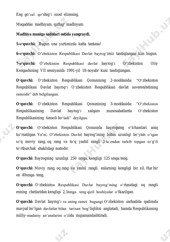 lolalar, oq ko‘ngil bolalar. turfa xil ranglarda, yashnaydi dalalar. atrofga bir qarang, asal rang, tilla rang. quvonchdan dillarga, baxsh etar jilo rang. qo‘shiq: “chizaman” o‘quvchi: yuksal, yuksal diyorim, sensan baxtim , bahorim, madhing jo‘shib kuylamoq, ko‘nglimdagi shiorim. go‘zal gulshan, bog‘laring, go‘zal ulkan tog‘laring. dilga orom berguvchi, charog‘on har yoqlaring. o‘quvchi: sen tandagi jonimsan, tomirdagi qonimsan. mehring yashar qalbimda, g‘ururim, ham shonimsan. yashna, yuksal diyorim, sensan baxtim, bahorim. madhing jo‘shib kuylamoq, shudir ahdu qarorim. raqs: “beshta qiz” o‘quvchi: g‘uncha guldayman, bog‘dagi bulbuldayman. sog‘lom jon, sog‘lom tanman, o‘zimga bir jahonman. hayotdan zavq olaman, baxti kulgan bolaman. o‘quvchi: sog‘lom , quvnoq bolaman, mehnatdan zavq olaman. agarda ish qilmasam, tezzerikibqolaman. hozir maktab bolaman, mehnatdan zavq olaman. katta bo‘lsam haqiqiy halol odam bo‘laman qo‘ shiq: “men kimman “ biz so‘zlari biyronmiz, chopqillagan jayronmiz. erkatoymiz polvonmiz, bolajonmiz, bolajon. bizlar lola yanoqmiz, chin ko‘ngildan inoqmiz. bulbul-u qarqunoqmiz, bolajonmiz, bolajon. o‘quvchi: bo‘lmasin hech bizning, kam-u ko‘stimiz. ko‘paysin har …