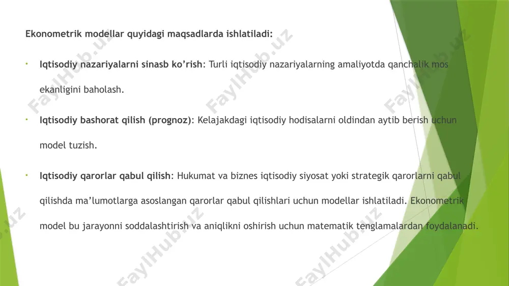 shda iqtisodiy nazariyaga tayanish juda muhimdir. nazariya bog‘liq bo‘lmagan o‘zgaruvchilarning qaysilari bog‘liq o‘zgaruvchiga qanday ta’sir qilishini tushuntirib beradi. masalan, iste’mol va daromadlar o‘rtasidagi bog‘liqlik haqida keynesning iste’mol nazariyasini ishlatishingiz mumkin. (c=i-s) 3.2.2. ma’lumotlarning mavjudligi ba'zan nazariyada muhim deb hisoblangan o‘zgaruvchilar amalda ma’lumotlar mavjud bo‘lmaganligi sababli kiritilmasligi mumkin. shuning uchun ma’lumotlarning mavjudligi ham katta ahamiyatga ega. 3.2.3. statistik ahamiyat tanlangan bog‘liq bo‘lmagan o‘zgaruvchilarni statistik ahamiyatini tekshirish kerak. agar o‘zgaruvchilar statistik jihatdan ahamiyatsiz bo‘lsa, ularni modelga kiritmaslik yoki boshqa shaklda qo‘llash tavsiya etiladi. 3.3. multikollinearlik masalasi bir-biriga juda bog‘liq bo‘lgan (kollinear) o‘zgaruvchilarni modelga kiritish multikollinearlikka olib kelishi mumkin. bu esa modelning natijalariga noaniqlik kiritadi. multikollinearlikni aniqlash uchun vif (variance inflation factor) kabi statistik ko‘rsatkichlar qo‘llaniladi. 3.4. modelning oddiyligi ko‘p o‘zgaruvchilarni modelga kiritish uni murakkablashtirishi mumkin. shuning uchun imkon qadar soddalikni saqlashga harakat qilish kerak. har bir o‘zgaruvchini modelga kiritishdan avval uning zaruriyatini nazariy va statistik asosda baholash muhimdir. 3.5. kuzatuv va tahlil …