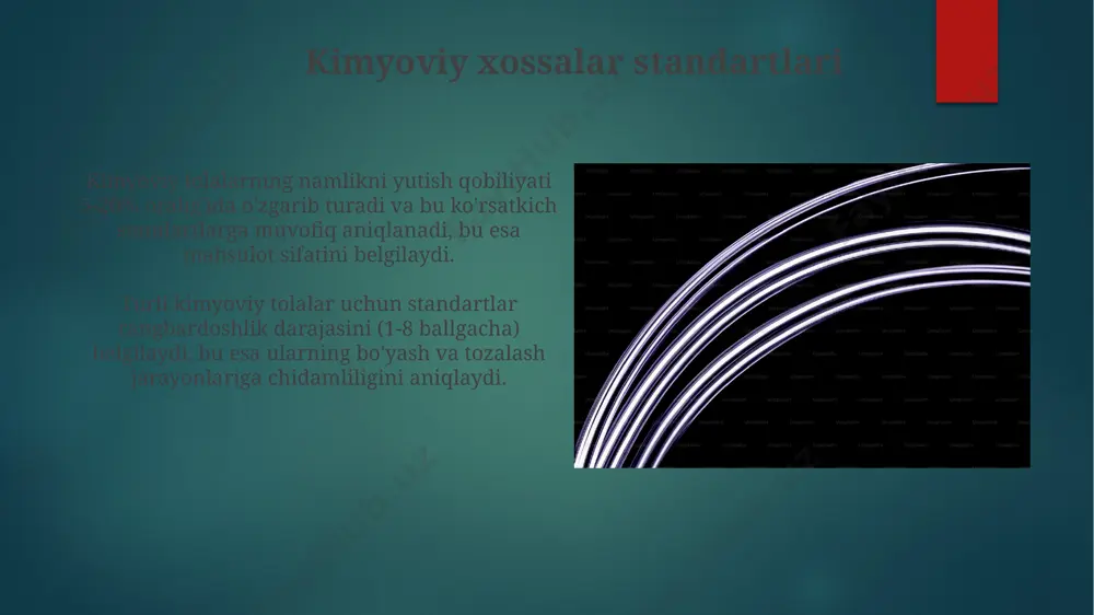 ndartlar, to'qimalarning bakteriyalar, zamburug'lar va mog'orlarga chidamliligini baholash uchun iso 105-x02 standartini o'z ichiga oladi, bu esa 5 balldan ortiq bo'lmasligi kerak. kelajakdagi yo'nalishlar va yangi standartlar kelgusi 10 yilda, to'qimachilik sanoati uchun yangi standartlar, qayta ishlash mumkin bo'lgan tolalar miqdorini 80% ga oshirish va emissiya darajasini 20% ga kamaytirish bo'yicha qat'iy talablarni o'z ichiga oladi. kimyoviy tolalar sifatining kelajakdagi standartlari bio-asoslangan materiallarni, masalan, 30% dan ortiq selüloz tarkibiga ega tolalarni o'z ichiga oladi va ularning ekologik ta'sirini baholash uchun yangi mezonlarni o'rnatadi. rang va yorqinlik standartlari ba'zi standartlarda rang va yorqinlikning ruxsat etilgan og'ishlari 5% dan oshmasligi, bu esa sifat nazorati uchun muhim metrikani belgilaydi. rang va yorqinlik standartlari, cie lab rang fazosidan foydalanib, rang farqini δeab < 2 bo'lgan chegaralarda aniqlaydi, bu esa ko'z bilan seziladigan farqni minimallashtiradi. e'tiboringiz uchun rahmat @taqdimot_robot image6.jpg image7.jpg image8.jpg image9.jpg image10.jpg image11.jpg image12.jpg image13.jpg image14.jpg image15.jpg image16.jpg image17.jpg image2.png image3.png image4.png image5.png