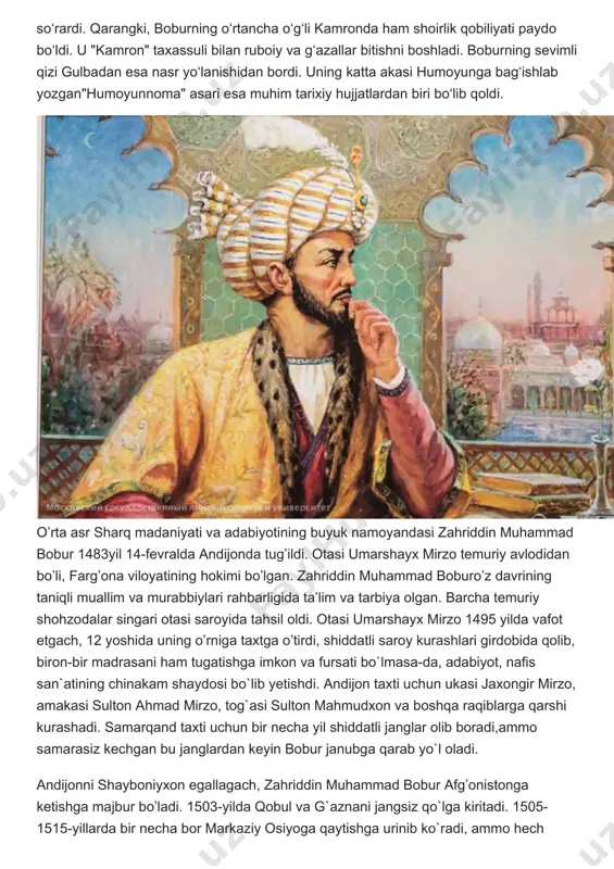 muhammad bobur afg’onistonga ketishga majbur bo’ladi. 1503-yilda qobul va g`aznani jangsiz qo`lga kiritadi. 1505-1515-yillarda bir necha bor markaziy osiyoga qaytishga urinib ko`radi, ammo hech qanday natijaga erisha olmaydi. 1519-1525-yillarda hindistonni qo`lga kiritish uchun jang olib boradi. 1526-yilning aprel oyida ponopatda hindiston sultoni ibrohim lo`di bilan va 1527-yili mart oyida chitora hokimi rano sango bilan bo`lgan janglarda boburning qo`li baland keladi. tarixiy ma`lumotlarning bayon qilishicha, boburning hindistonga yurishida dehli hukmdori ibrohim sulton siyosatidan norozi bo`lgan panjob hokimlari ham boburni qo`llaganlar va sikri jangidagi bu g`alaba boburga hindistonga o`z hukmronligini uzil-kesil o`rnatish va boburiylar sulolasini barpo etish imkoniyatini berdi. yangi mustahkam davlat “boburiylar” nomini oladi va 300yildan ortiq hukmronlik qiladi. bobur jahonga mashhur “boburnoma”asarini yaratdi. unda movarounnahr, xuroson, hindiston xalqlari tarixi, urf-odat va an’analarini, tarixiy shaxslarini, mamlakat tabiiy lavhalarini aks ettirdi. bobur xo’ja ubaydullo ahrorning “volidiya”risolasini fors tilidan o’zbek tiliga tarjima qildi, aruzvazni va qofiya masalalariga “mufassal”asarini yozdi. zahriddin muhammad bobur adabiyotshunos, …
