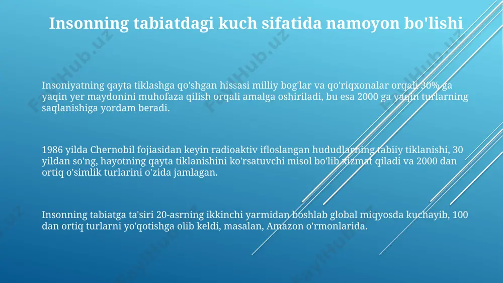 afrikaning serengeti milliy bog'ida yashaydi. baliq ovlashning haddan tashqari ko'payishi va ifloslanish natijasida jahon okeanining 50% dan ortiq qismi bioxilma-xillikni yo'qotgan, natijada 1000 dan ortiq baliq turi yo'q bo'lib ketish xavfi ostida. o'rmonlarning yo'qolishi va iqlim o'zgarishi tufayli 2050-yilga kelib, 30% qush turlarining yo'q bo'lib ketishi ehtimoli yuqori, ayniqsa amazon o'rmonlari mintaqasida. global isish va iqlim o'zgarishi 2022-yilgi hisobotlarga ko'ra, dunyo bo'ylab 1000 dan ortiq o'simlik va hayvon turlari yo'qolib ketish xavfi ostida, iqlim o'zgarishlari va yashash joylarining yo'qolishi, masalan, amazon o'rmonlarida, bu jarayonga asosiy sabab bo'lmoqda. o'rta osiyo mintaqasida, shu jumladan, o'zbekistonning farg'ona vodiysida, suv resurslari tanqisligi 30% ga yetgan, bu esa iqlim o'zgarishi va aholining o'sishi natijasida hosil bo'lgan qurg'oqchilik tufayli yuz bermoqda. jahon miqyosida o'rtacha haroratning 1,1°c ga ko'tarilishi, asosan 19-asr oxiridan buyon kuzatilgan antropogenik omillar (sanoatlashuv, deflorizatsiya) tufayli, butun dunyo bo'ylab, jumladan, o'zbekistonning qoraqalpog'iston respublikasida ham, cho'l hosil bo'lish jarayonlarini kuchaytirmoqda. barqaror rivojlanish tamoyillari "barqaror rivojlanish …