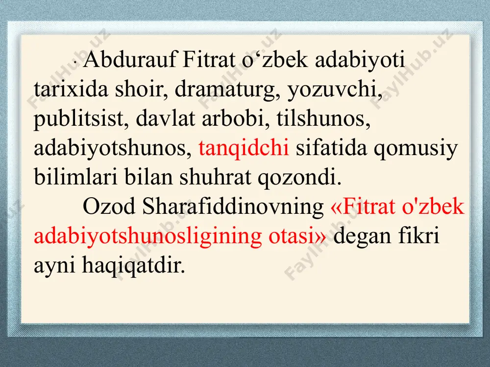 rab shaxsi va ijodi haqida turli tuman, biryoqlama tasawurlar kengaygan bir paytda yaratildi. rus olimi p.vyatkinning «farg‘onalik mistik devona mashrab» maqolasi fitrat tadqiqotining yuzaga kelishiga turtki bergan. boborahim mashrab tarjimayi holini ilk marta llmiy asosda tiklashga muvaffaq bolgan.tadqiqotda shoir tarjimayi holi, hayoti va ijodi, asarlarining qimmati, mohiyati umumlashtirilgan holda tadqiq etilishi uning tanqidiy-biografik ocherk janrida yaratilganligini ko‘rsatadi. «fors shoiri umar xayyom» asari ham tanqidiy-biografik ocherk janriga mansub. fitrat, avvalo, umar xayyom haqida portret-maqola yaratgan. shundan keyin uning qo'liga shoir haqida yana bir qimmatli manba tushadi. va shular asosida yirik tadqiqot yaratiladi. u mashrab haqidagi ocherkdan hajmi, ko‘lamining kengiigi bilan farq qiladi. fitrat ocherk boshida «bir-ikki so‘z» (xuddi hozirgi so‘zboshilarday) deya shoir shaxsi haqida qisqa ma’lumot bergandan so‘ng, u yashagan davr va adabiy muhit tasviriga to‘xtalishni lozim topadi. fitrat zamondoshi a.sa’diy bilan bir davrda 20-yillarda yassaviy ijodiga bag‘ishlab qator maqolalar yozib, o‘zbek yassaviyshunosiigiga asos soldi. ahmad yassaviy va uning maktabini atroflicha …
