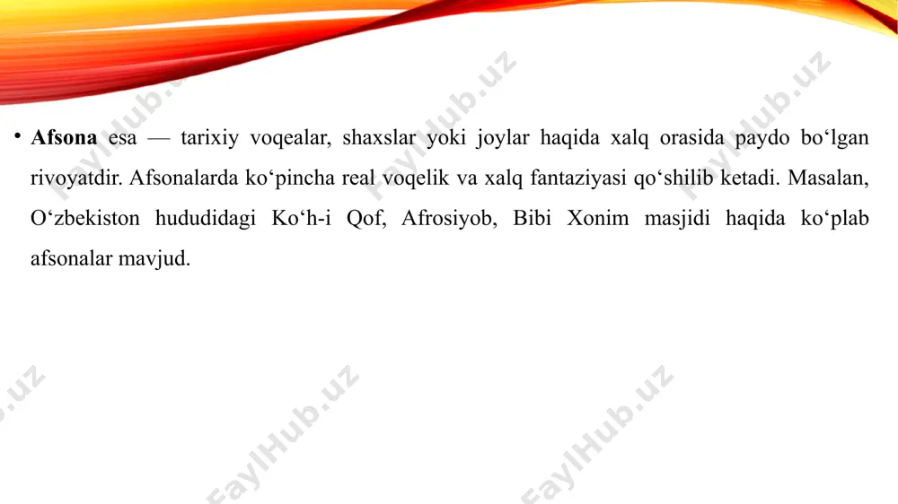dastlabki bosqichida paydo bo‘lgan, xalqning tabiat, hayot va jamiyat haqidagi tasavvurlarini ifodalagan qadimiy og‘zaki ijod namunalaridir. miflarda xudolar, sehrli kuchlar va olamning yaratilishi haqida qarashlar mujassam bo‘lsa, afsonalarda tarixiy shaxslar, joylar va voqealar haqidagi xalq xayoli o‘z ifodasini topadi. ularning ikkalasi ham milliy madaniyat va ma’naviyatning muhim bo‘lagi bo‘lib, bugungi kunda ham xalqning ma’naviy boyligini, qadimiy dunyoqarashini o‘rganishda beqiyos manba hisoblanadi. e’tiboringiz uchun raxmat image2.png image3.png image4.png image5.jpeg image6.jpeg image1.png /docprops/thumbnail.jpeg