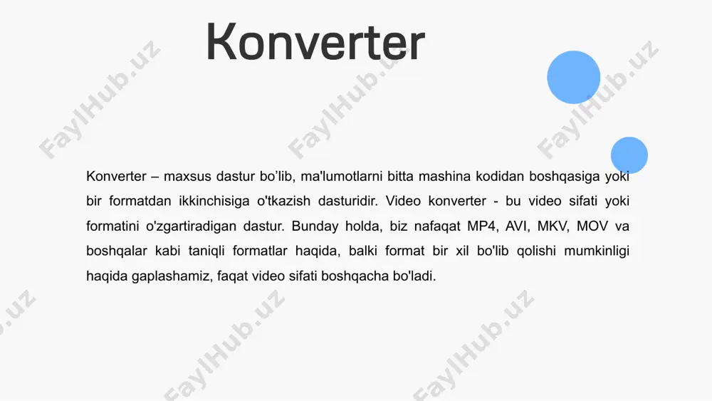ish uchun foydalaniladi: video konvertorlarni qo'llash maqsadi formatni o'zgartirish: video fayllarni bir formatdan boshqa formatga o'zgartirish uchun video konvertorlardan foydalanish mumkin. misol uchun, bir faylni mp4 formatidan avi formatiga o'zgartirish. kichiklashtirish: videolarni kichiklashtirish, hajmini kamaytirish va qulaylikni oshirish uchun video konvertorlar qo'llaniladi. bu, videolarini internetga yuklab yuborish va qurilma uchun ko'proq joy olish uchun yaxshi bo'ladi. video o'lchamini o'zgartirish: videoni katta ekranda ko'rsatish uchun o'lchamini o'zgartirish. misol uchun, videoni telefoningizga mos keladigan kichik o'lchamda ko'rish uchun o'lchamini o'zgartirishingiz mumkin. sifatni oshirish: video sifatini o'zgartirish, masalan, videoni qulaylik va sifatini oshirish, rivojlantirish, tashqi subtitrlar qo'shish va boshqa tahrirlashlar uchun video konvertorlardan foydalanishingiz mumkin. formatni ko'paytirish: ma'lum bir formatdagi videolarni ko'paytirish uchun video konvertorlardan foydalanishingiz mumkin. bu, ko'rsatuvlar, prezentatsiyalar yoki saytlar uchun yaxshi bo'ladi. internetga joylashtirish: videolarni veb-saytlarga yoki onlayn video platformalarga joylashtirish uchun ma'lum bir formatga o'zgartirish. video konvertorlarning foydalanish qobiliyatlari quyidagi narsalarga bog'liq bo'ladi: qo'shni orqali o'zgartirish: biron bir formatdan …